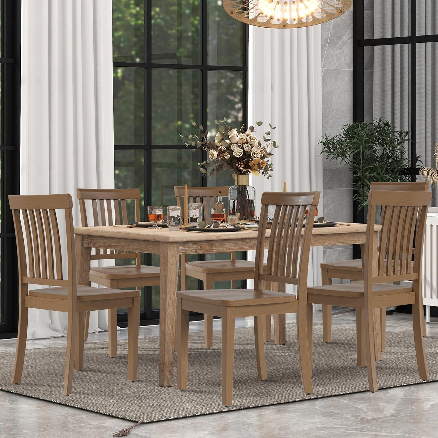 COLAMY Wooden Dining Chairs Set of 4, Solid Rubberwood Kitchen & Dining Room Chairs, Farmhouse Rustic Side Chairs for Dining Table, Anti-Slip Protection, Classic Windsor Style Seating, Oak Light Brown