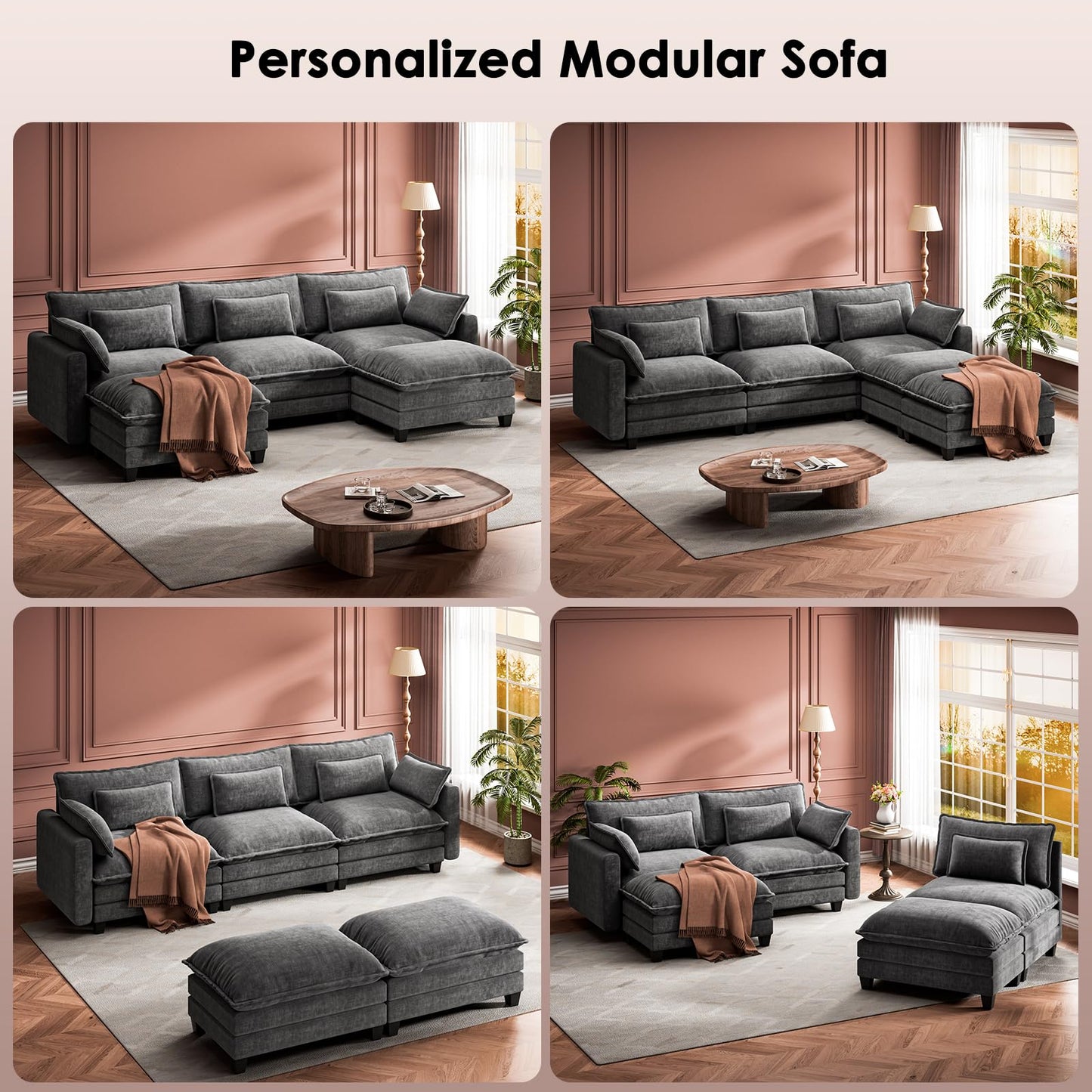 Marsail Modular Sectional Sofa 110.6" U-Shaped Modern Comfy Cloud Couch, 5-Seat Chenille Deep Seat Sofa with Throw Pillow & Movable Ottoman for Living Room, Bedroom and Apartment, Slate Gray
