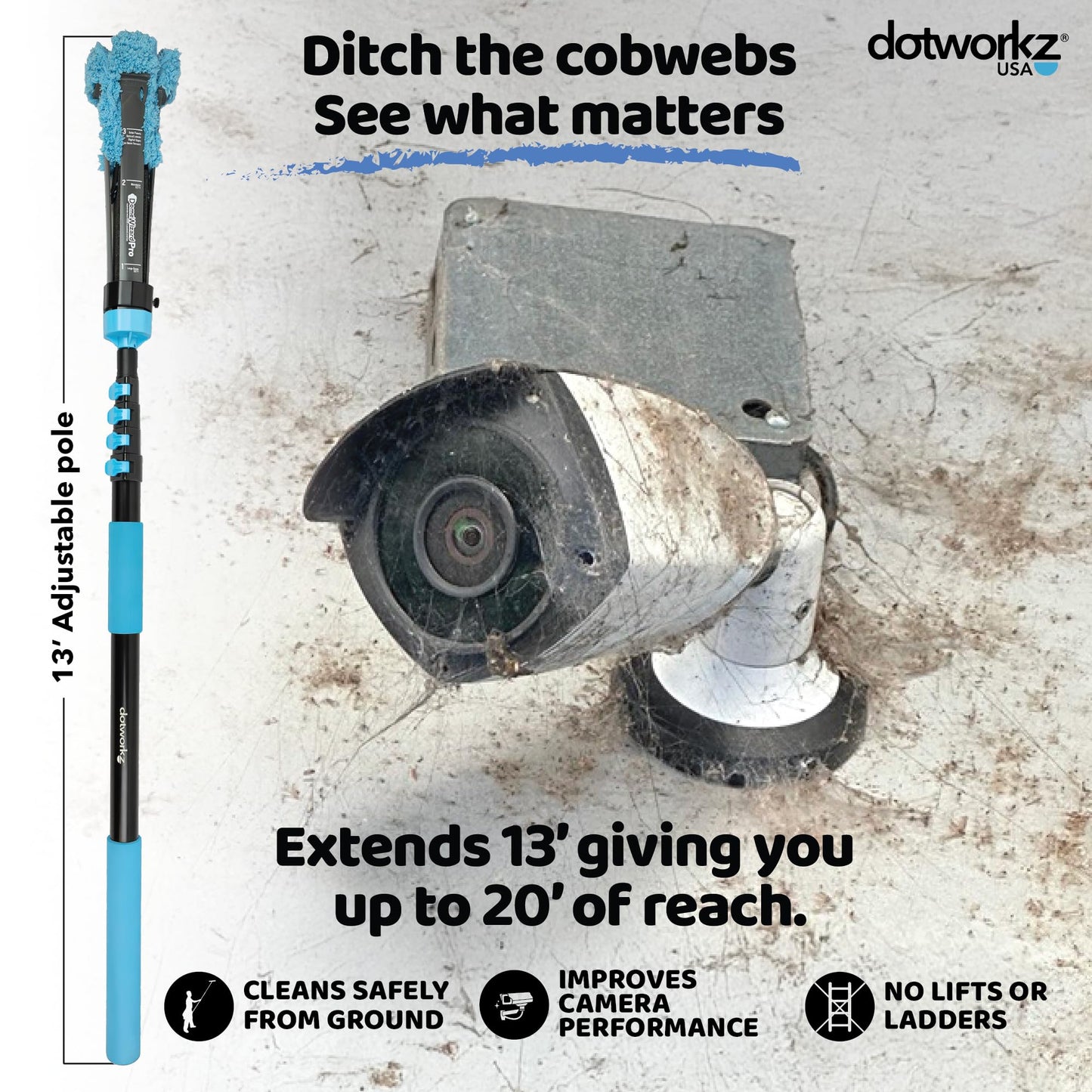 DomeWizard™ Compact Security Camera Cleaning Kit with Pole – Streak-Free Lens Cleaner for Dome, PTZ, Mini Dome & Bullet Cameras – Reusable Microfiber Mitt + 8oz Cleaning Solution