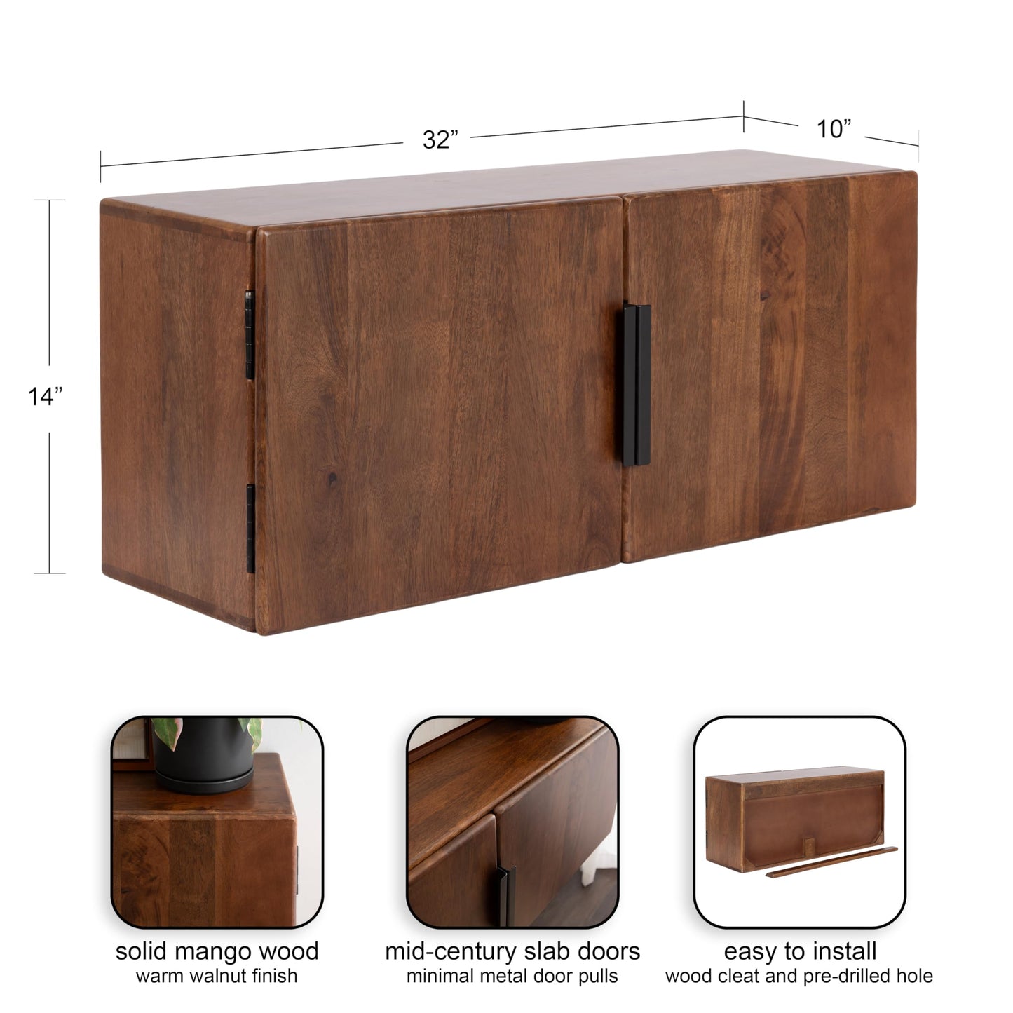 Kate and Laurel Atwood Modern Mango Wood Two-Door Wall Cabinet, 32 x 10 x 14, Walnut Brown, Decorative Storage Cabinet with Metal Pulls for Use as Floating Nightstand or Floating TV Shelf