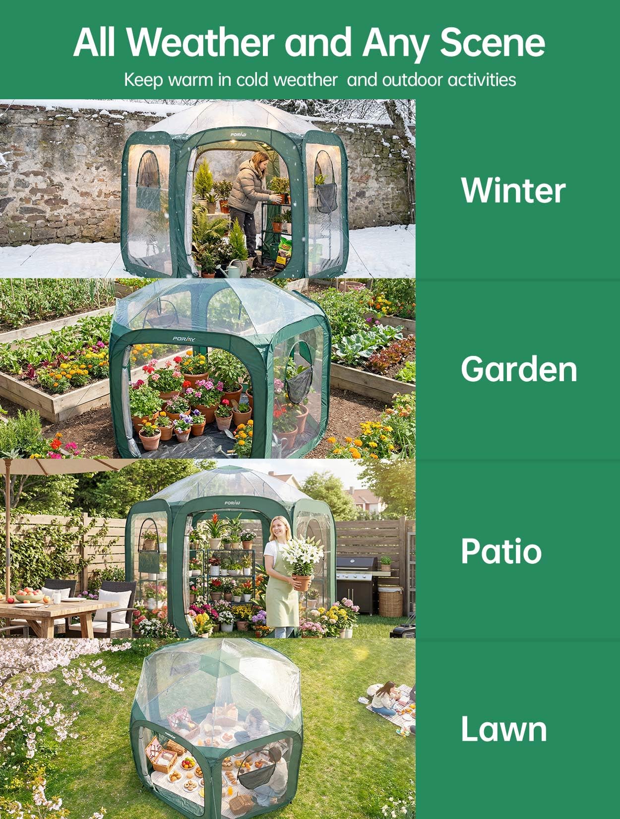 Porayhut Pop up Greenhouse Tent,Portable Large Walk-in Plant House 10’X10’ ,Indoor Outdoor Gardening Plant Sunshine Room with PVC Mesh Cloth Cover for Protecting Plant from Cold Frost & Birds