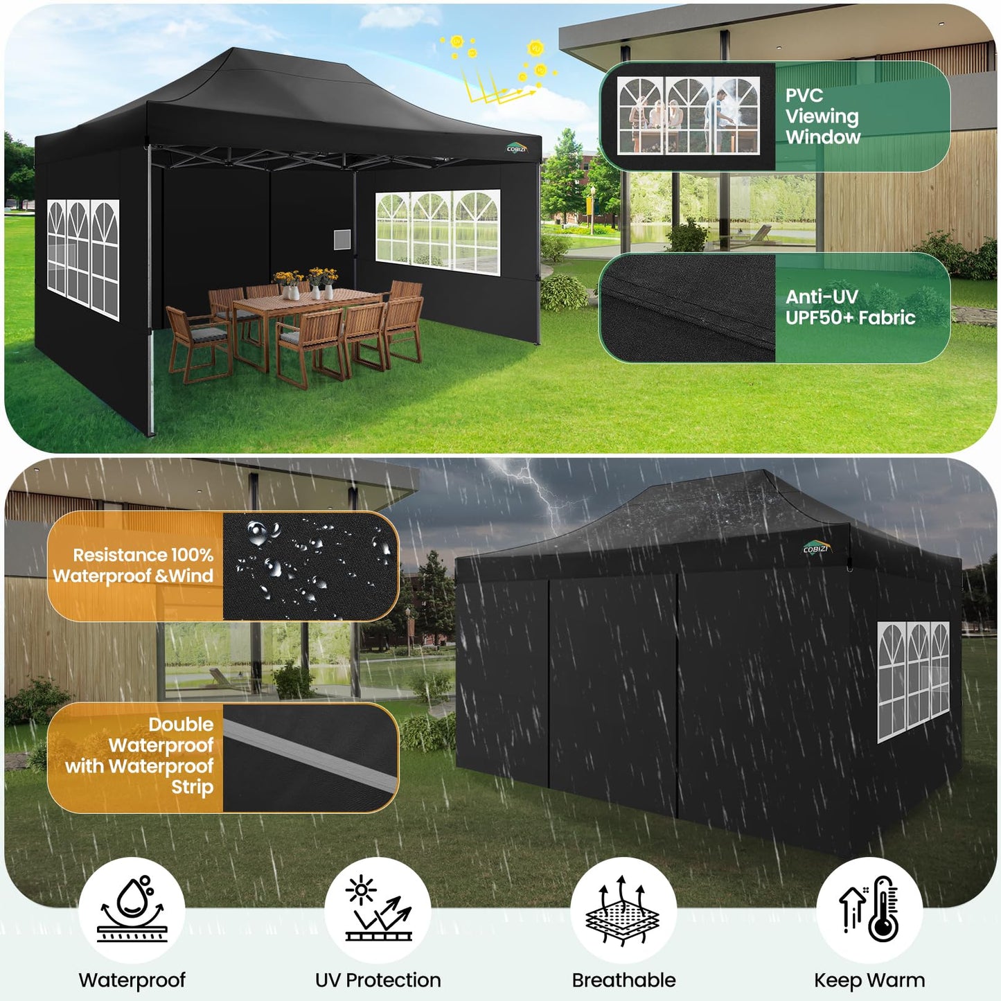 COBIZI 10x15 FT Heavy Duty Pop up Canopy with 4 Removable Sidewalls, Easy up Gazebo High Stability, All Weather Sunshade 100% Waterproof Outdoor Canopy Tents with Carry Bag, Black
