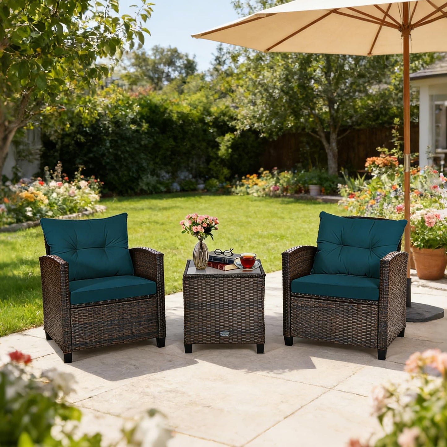 COSTWAY 3PCS Patio Furniture Set, PE Rattan Wicker Sofa w/Washable Cushion and Coffee Table, Tempered Glass Tabletop, Outdoor Conversation Set for Balcony, Porch, Yard, Backyard, Lawn (Blue)