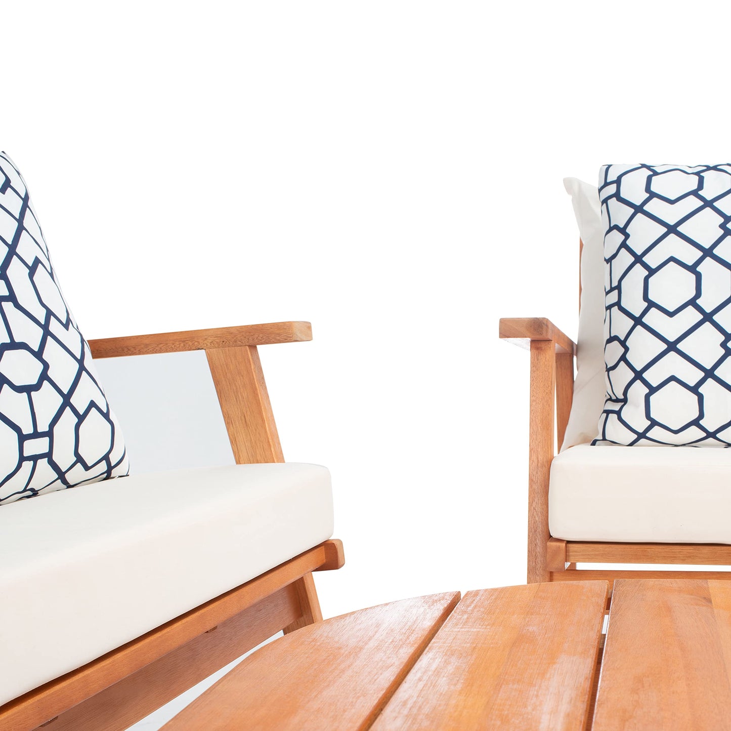 SAFAVIEH Outdoor - Deacon 4-Piece Conversation Set - Brown & Beige - Solid Wood - Coastal Slatted Design with Cushions - Ideal for Patio, Deck, Porch, Backyard (PAT7050C)