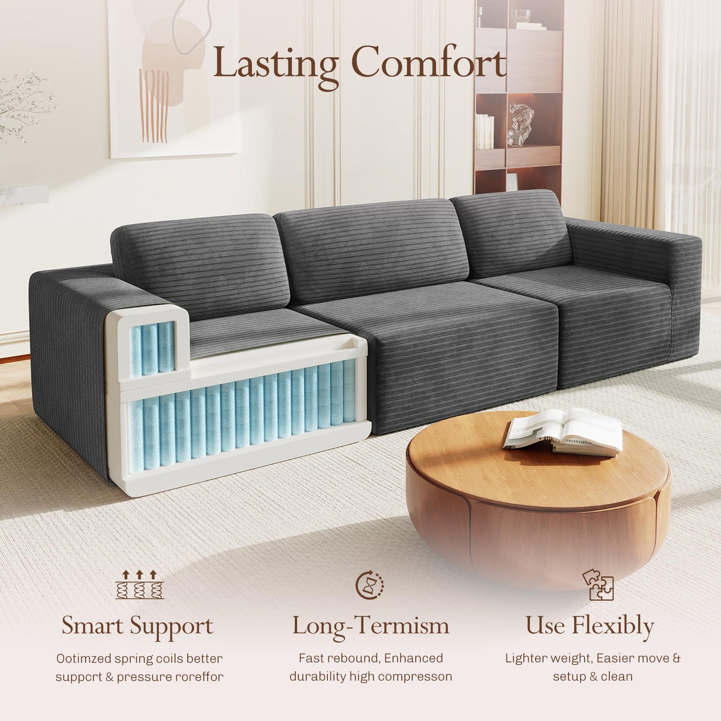 119" Modular Sofa Set, Corduroy Cloud Sectional Couch with Extra Deep Seating & Reinforced Spring System, Compact 3-Seater Boneless Sofa for Living Room & Apartment Spaces, Tool-Free Setup, Grey
