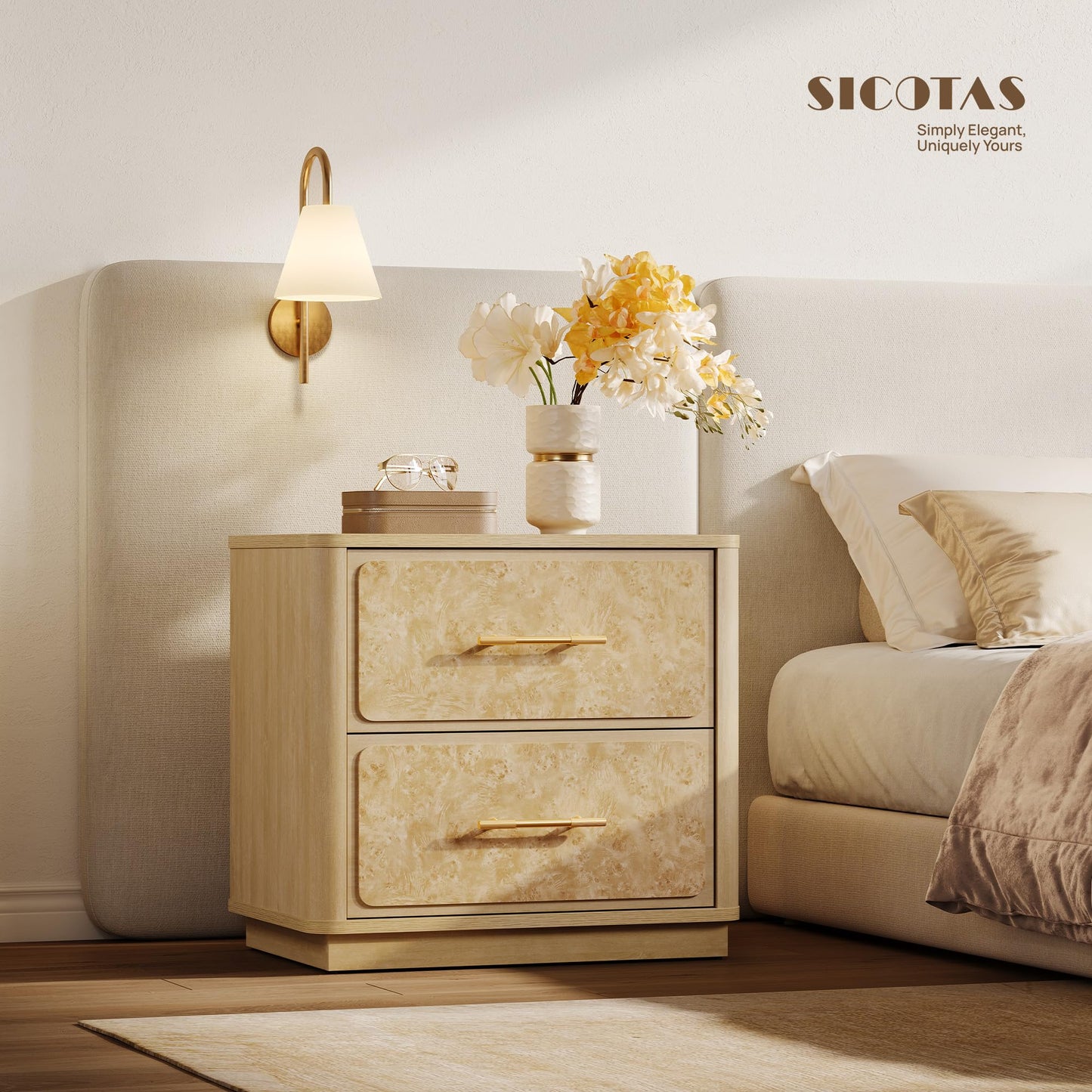 SICOTAS Nightstands Set of 2 with 2 Deep Drawers & Rounded Corners 24.8" Wide Modern Burl Wooden Night Stand Large Sturdy Bedside Table Easy Assembly End Tables for Bedroom Sofa Office