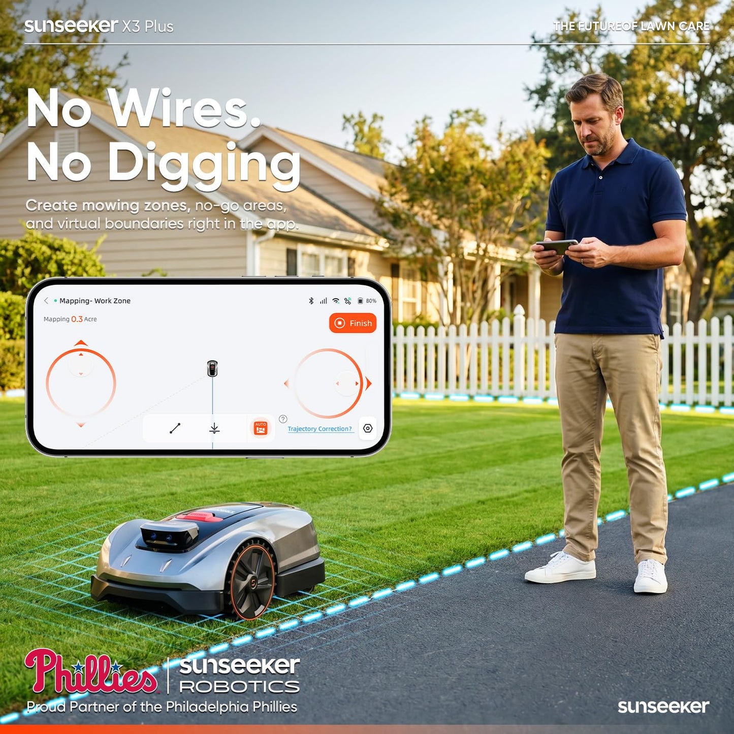 Sunseeker X3 Plus Robot Lawn Mower, Wire-Free Robotic Mower for 0.3 Acre, RTK + Vision AI Navigation, Vision AI Obstacle Avoidance, Ride-on-Edge Cutting, App Control.Multi-Zone Management