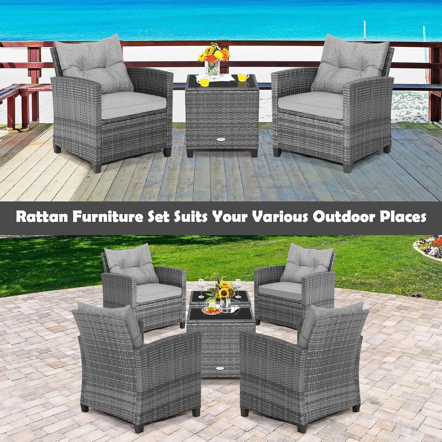 LDAILY Patio Furniture Set, 3 Pieces PE Rattan Wicker Patio Sofa Chairs with Washable Cushion & Glass Table, Outdoor Furniture Conversation Sets for Porch, Balcony, Garden, Poolside (Gray)