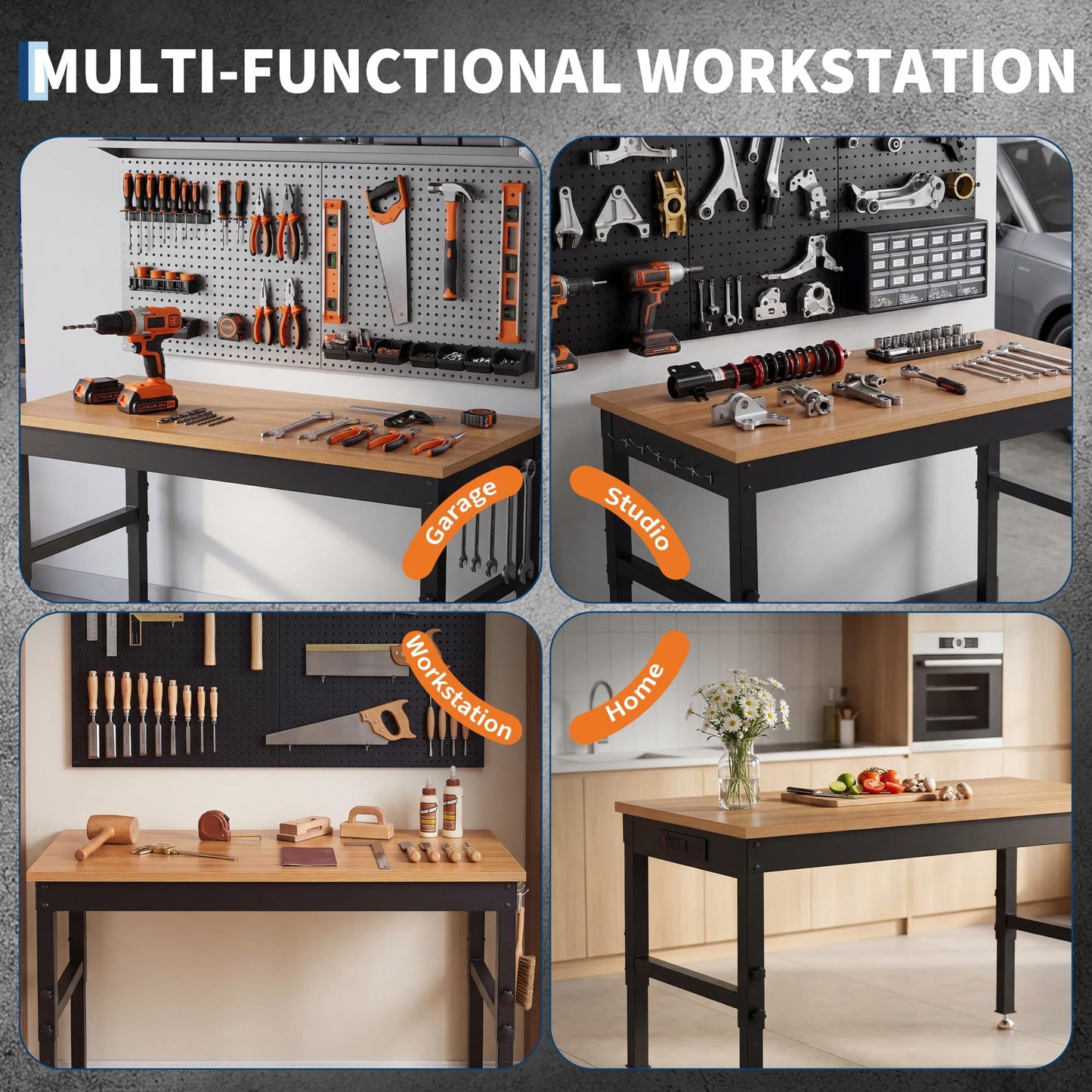 48" Workbench for Garage,2200 lbs Capacity, Adjustable 29.5"-37",4 Wheels
