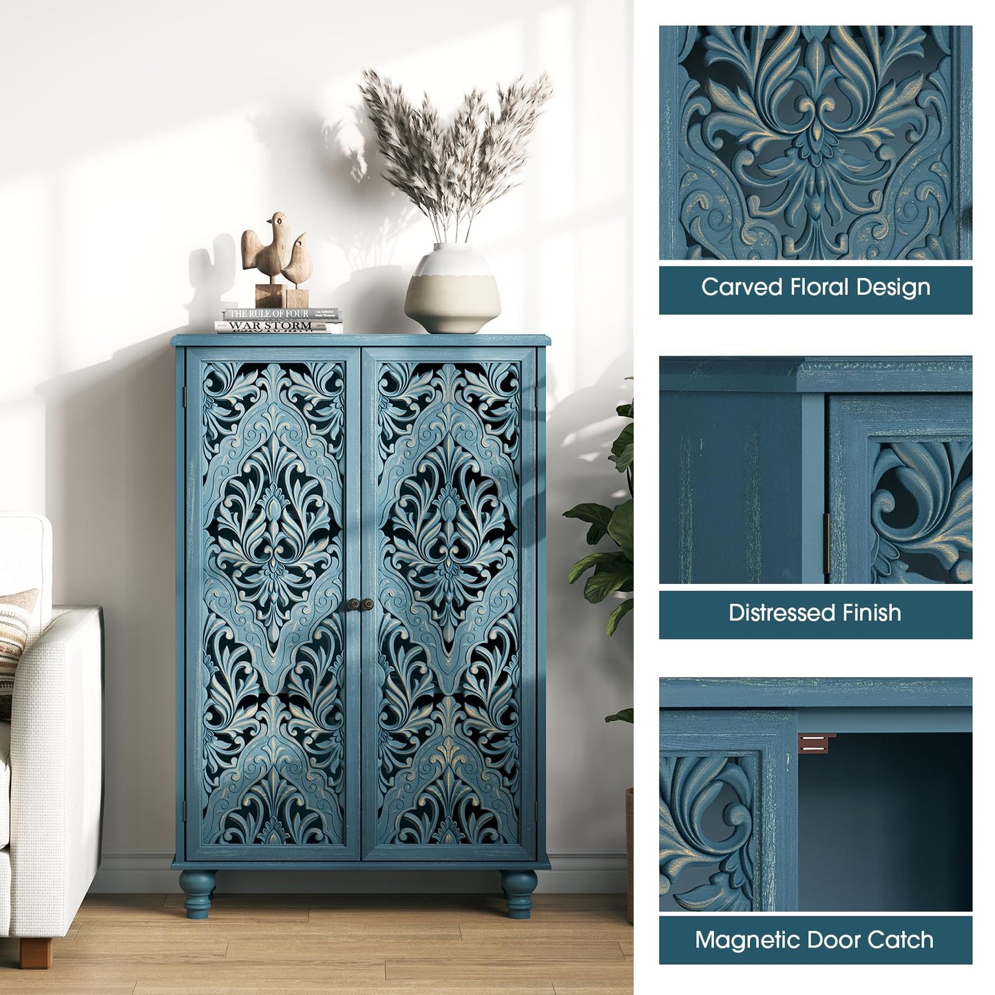 JOINICE 47" Tall Accent Cabinet with Carved Doors & Storage for Living Room,Blue Cabinet with Solid Wood Legs & 100lbs Capacity, Farmhouse/Rustic Style for Dining Room, Bedroom, Hallway, Home Office