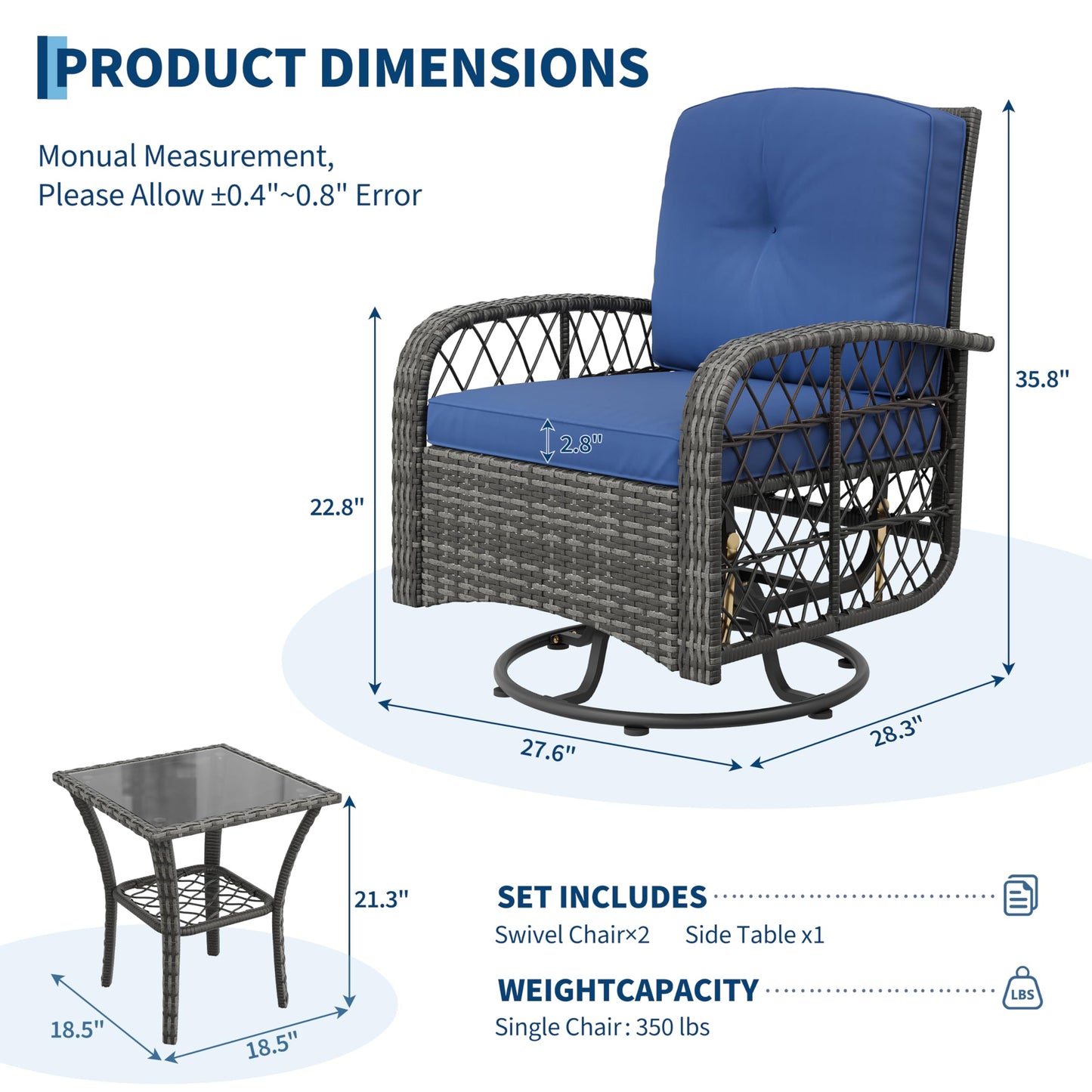 Garvee 3 Pieces Patio Furniture Set, Outdoor Swivel Glider Rocker Set w/Washable Cushion and Tempered Glass Tabletop, Conversation Furniture for Deck Porch Balcony Backyard Garden,Gray & Blue