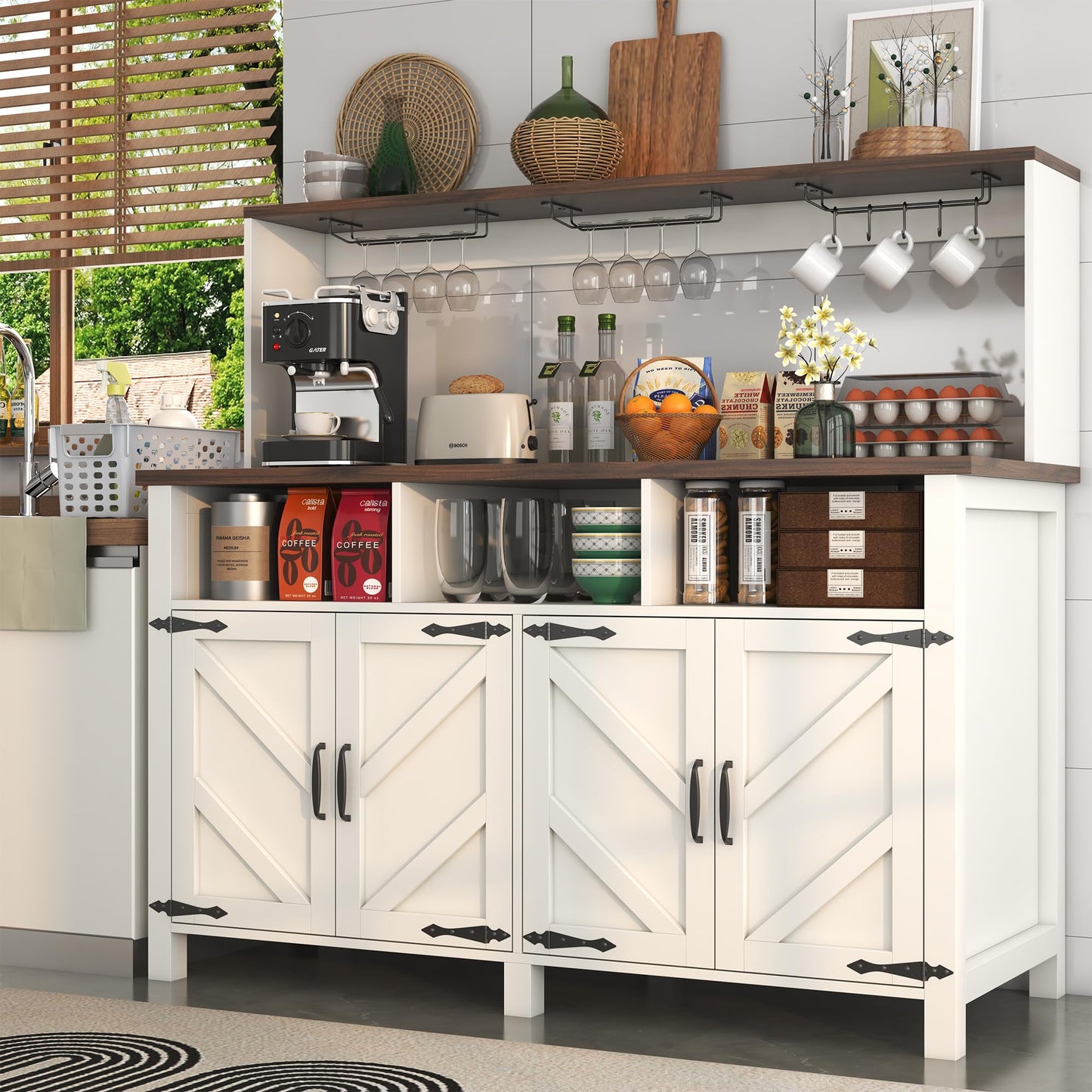 Buffet Sideboard with Storage Hutch with Power Outlets 4 Doors, Large Farmhouse Kitchen Storage Cabinet Wood Coffee Bar Cabinet with Goblet Holder and Cup Hooks for Kitchen, Dining Room, Entryway
