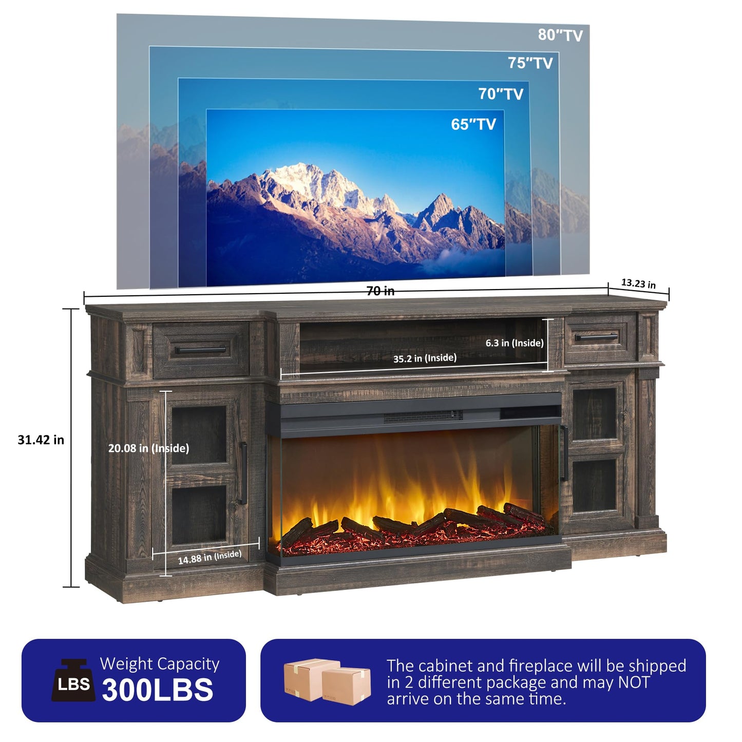 Unineo 3-Side Fireplace TV Stand for up to 80 Inch TV, LED Entertainment Center with 36 Inch Electric Fireplace, Farmhouse TV Console Table w/Drawers & Cabinets for Living Room, Dark Rustic Oak