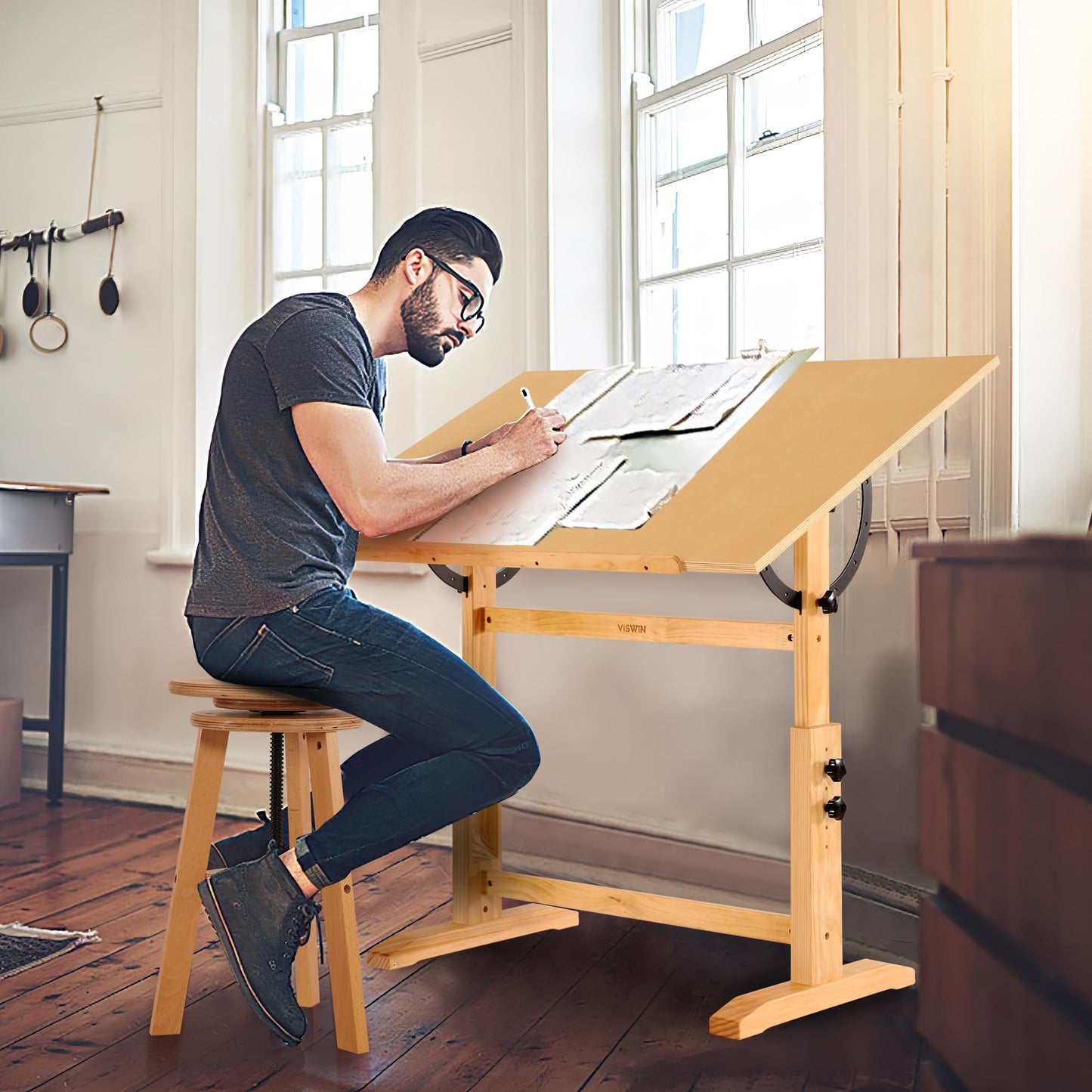 VISWIN Wood Drafting Table for Adults, 30" X 42" Extra-Large Drawing Table with Adjustable Height & Angle for Art Studio, Solid Pine Wood Artist Desk for Drawing, Drafting, Writing, Reading