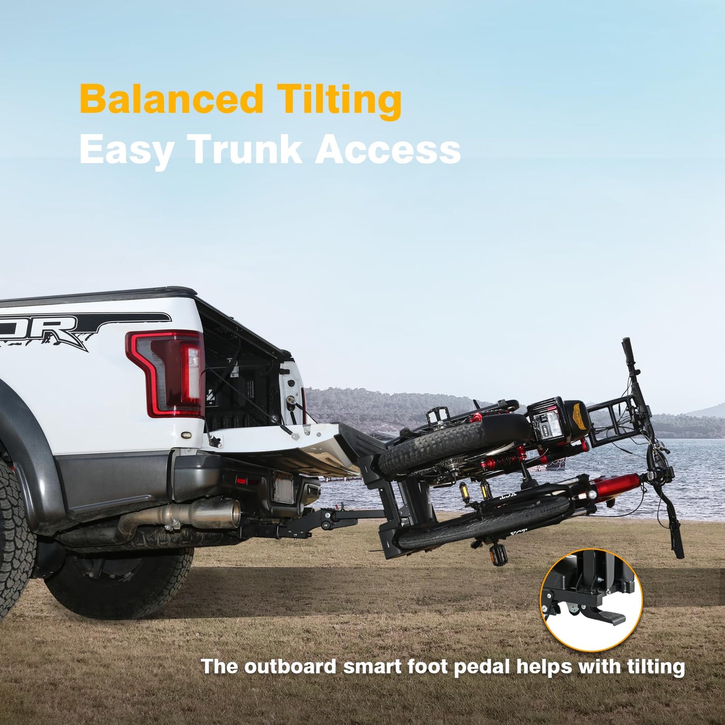 Eco Pro Upgraded 200lbs EBike Rack with Ramp for 2 E-Bikes, Hitch EBike Rack for Cars SUVs Trucks, Foldable Tilting Bike Rack Platform for Tow Hitch 2" Receiver, E-Bike Carrier Fits up to 5" Fat Tire