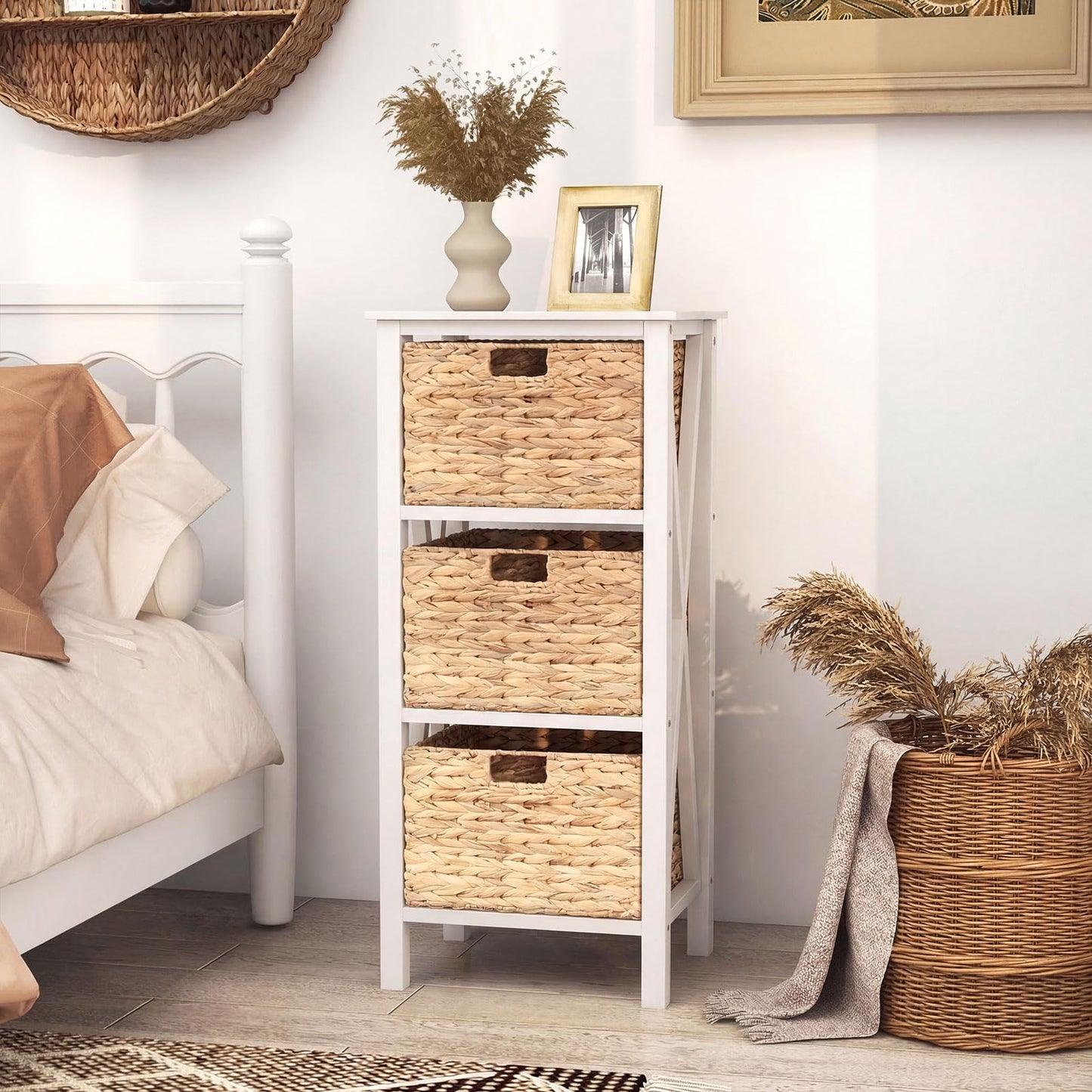 Giantex 3-Tier Nightstand with 3 Wicker Baskets Set of 2, Wooden X-Design Side Table End Table, Beside Table with Acacia Wood Legs, Mid Century Accent Storage Cabinet for Small Spaces, Bedroom, White