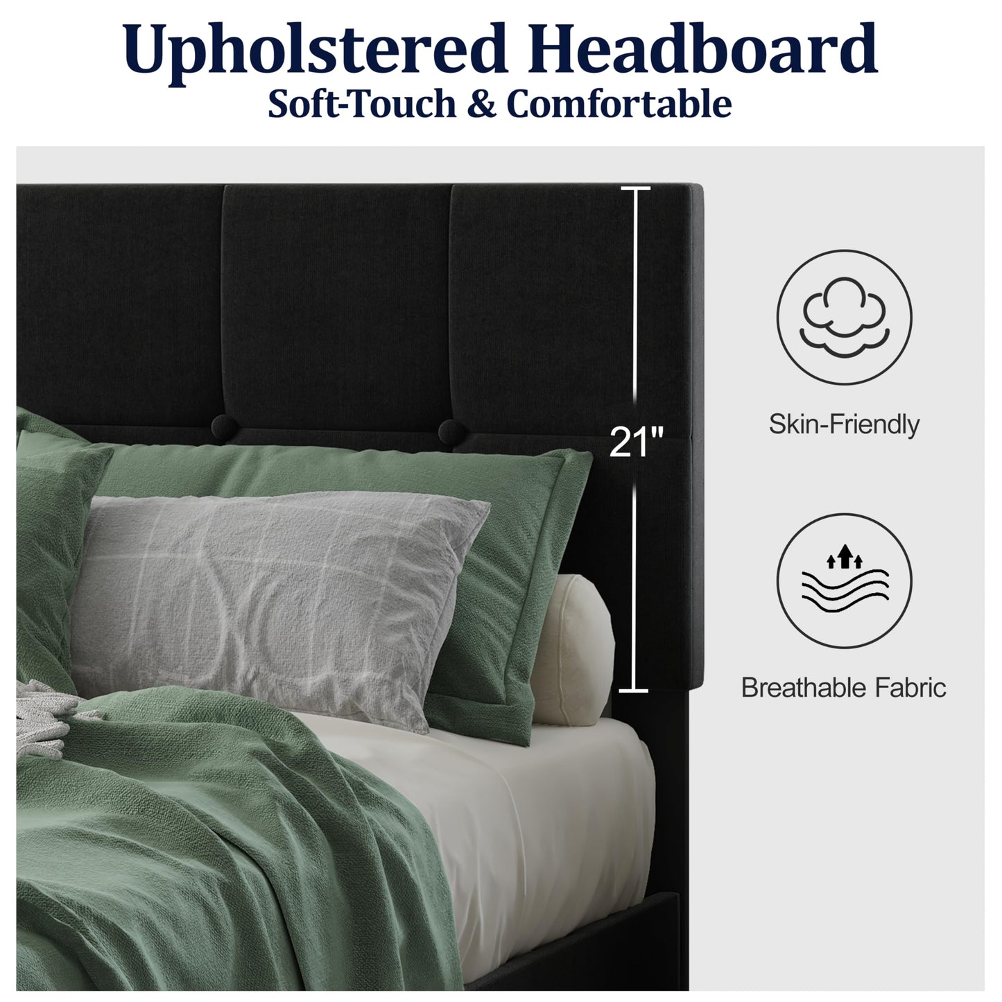 IOILORI Queen Size Bed Frame with Headboard, Queen Upholstered Bed Frame,Queen Platform Bed Frame, No Box Spring, Easy to Assemble,Black