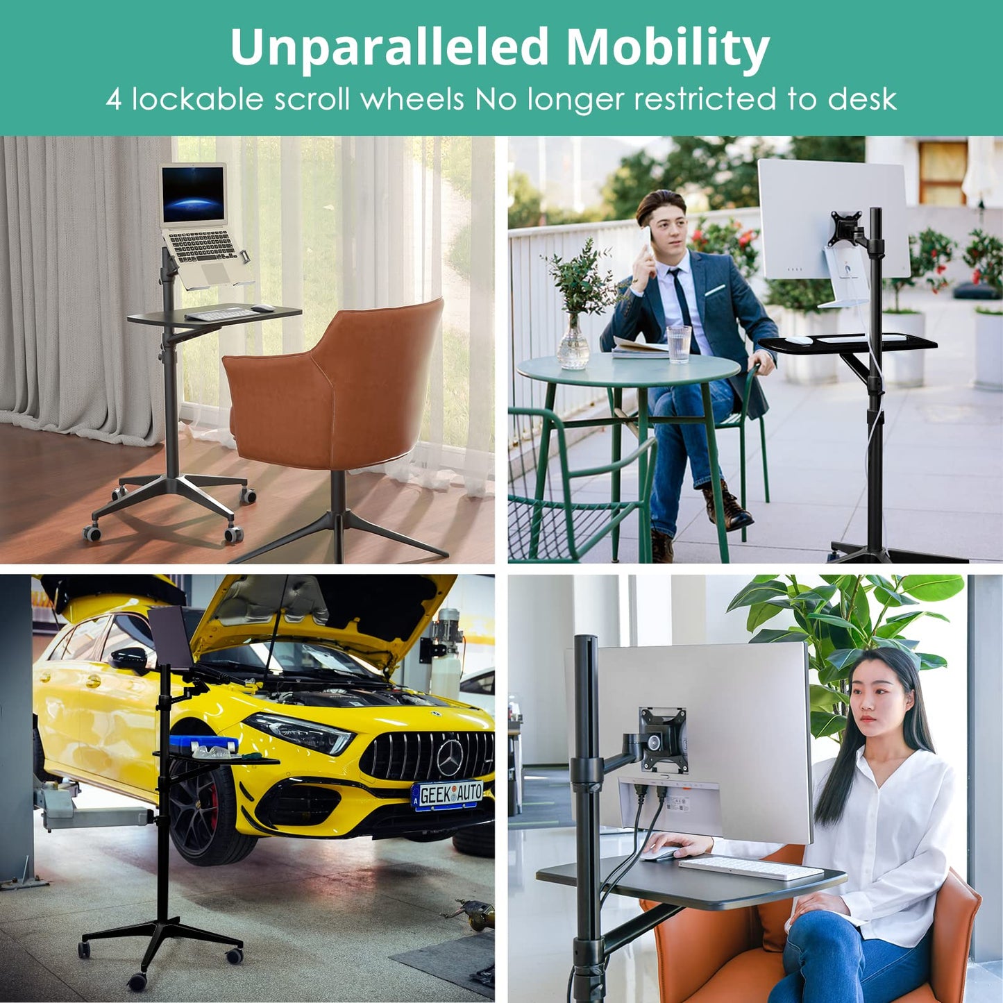 Viozon Mobile Desk,Mobile Workstation,Mulitiuse Rolling Laptop Floor Stand,34"-48.6" Height Adjustable,Compatible with 17"-27" Monitor&12"-17" Laptop,21"×14" Desk,Maxload 17.6lbs,4 Lockable Wheels B