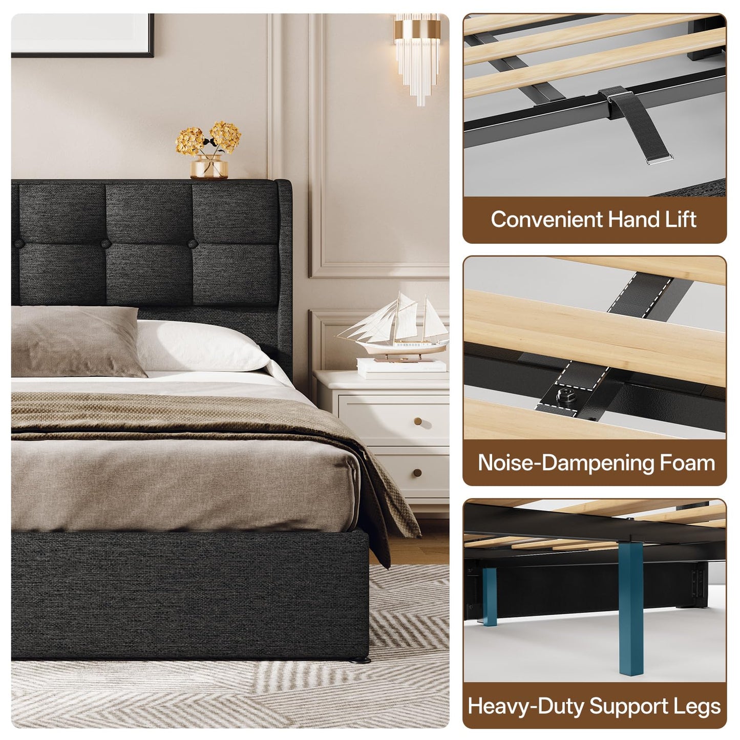 Vinabilia Lift Up Queen Size Bed Frame with Storage, Upholstered Queen Bed Frame with Wingback Headboard, No Box Spring Needed, Easy Assembly - Dark Grey
