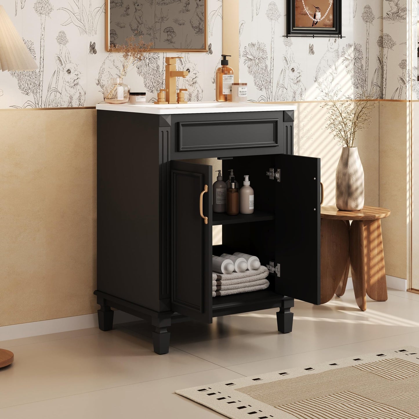 Merax 24 Inch Bathroom Vanity with Ceramic Sink, Modern Solid Wood Storage Cabinet with 2 Soft-Closing Doors and Adjustable Shelf, Black