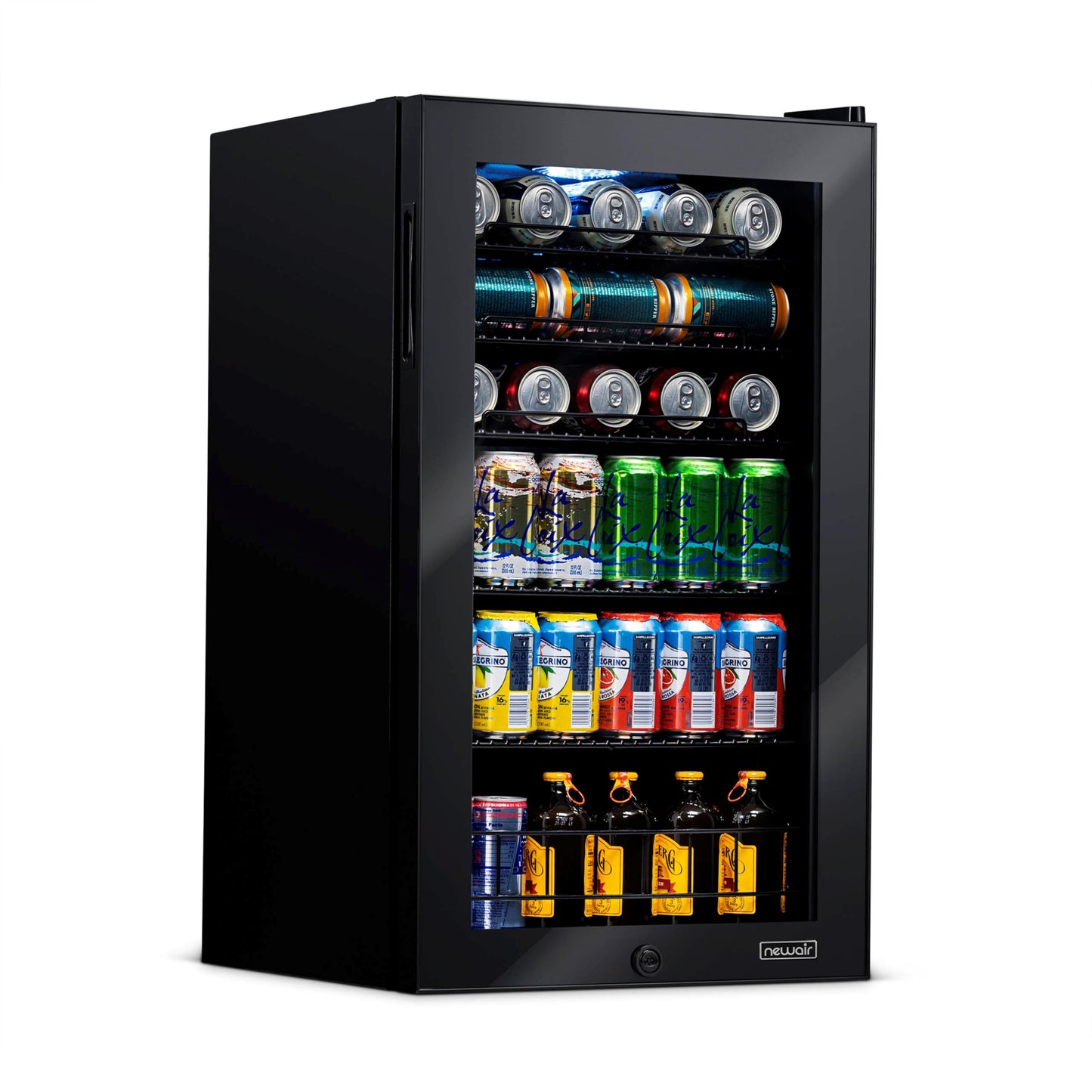NewAir 126 Can Beverage Refrigerator | Freestanding Small Mini Fridge for Bedroom with Glass Door | Drink Cooler with Adjustable Shelves, Quiet Cooling & Locking Door | Black