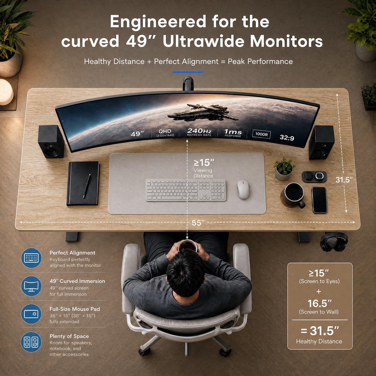 Grandder 55x32 Extra-Deep Electric Standing Desk, Wide Desktop Fits 49" Ultrawide Monitor+Dual Screens, 176 lbs Capacity, 2 Memory Presets, Anti Collision, Computer Desk for Home Office & Gaming, Oak