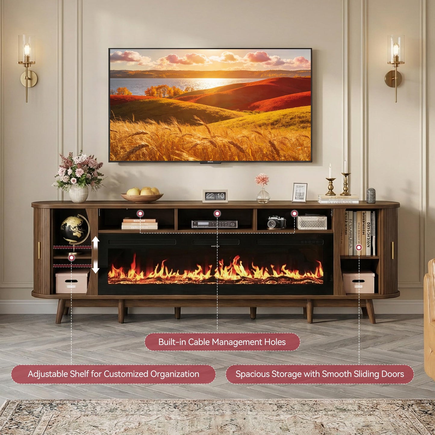MXV 97" TV Stand with 60" Electric Fireplace, Mid Century Modern Fireplace TV Stand with Sliding Doors & Adjustable Shelves, Large TV Console for Living Room, Walnut