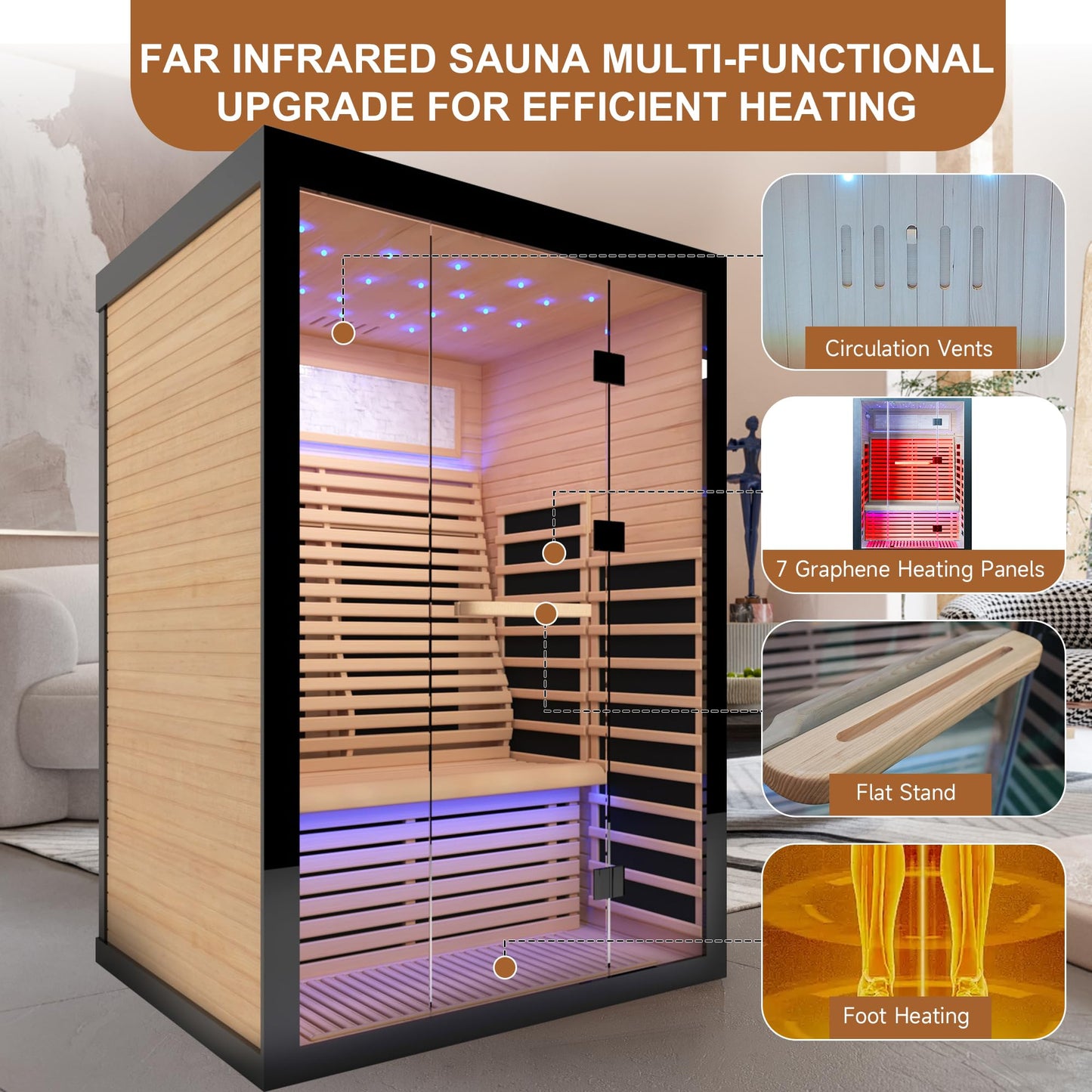 HOSAUNA Sauna 2 Person Far Infrared Sauna Home Canadian Hemlock Indoor 2160W Low-EMF Dry Saunas with Oxygen Bar, 21 Full Stars in 7 Color Remedies, Control Panel, Speakers (53.1 * 47.2 * 74.8 in)