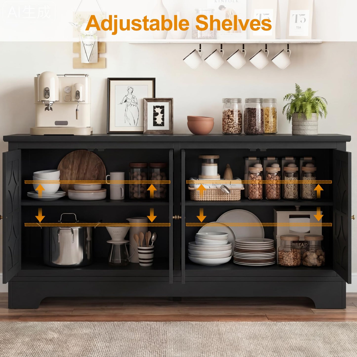 RoyalCraft Sideboard Buffet Cabinet with Storage, 56" Modern Sideboard with 4 Carved Doors, Large Wood Coffee Bar Console Table for Kitchen, Dining Room, Entryway, Living Room, Black