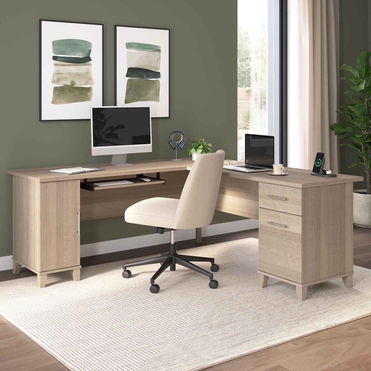 Bush Home 72-Inch L-Shaped Desk with Storage, Corner Computer Office Desk with File and Box Drawers, Home Office Workstation with Storage Cabinet, Somerset Collection, Ash Gray