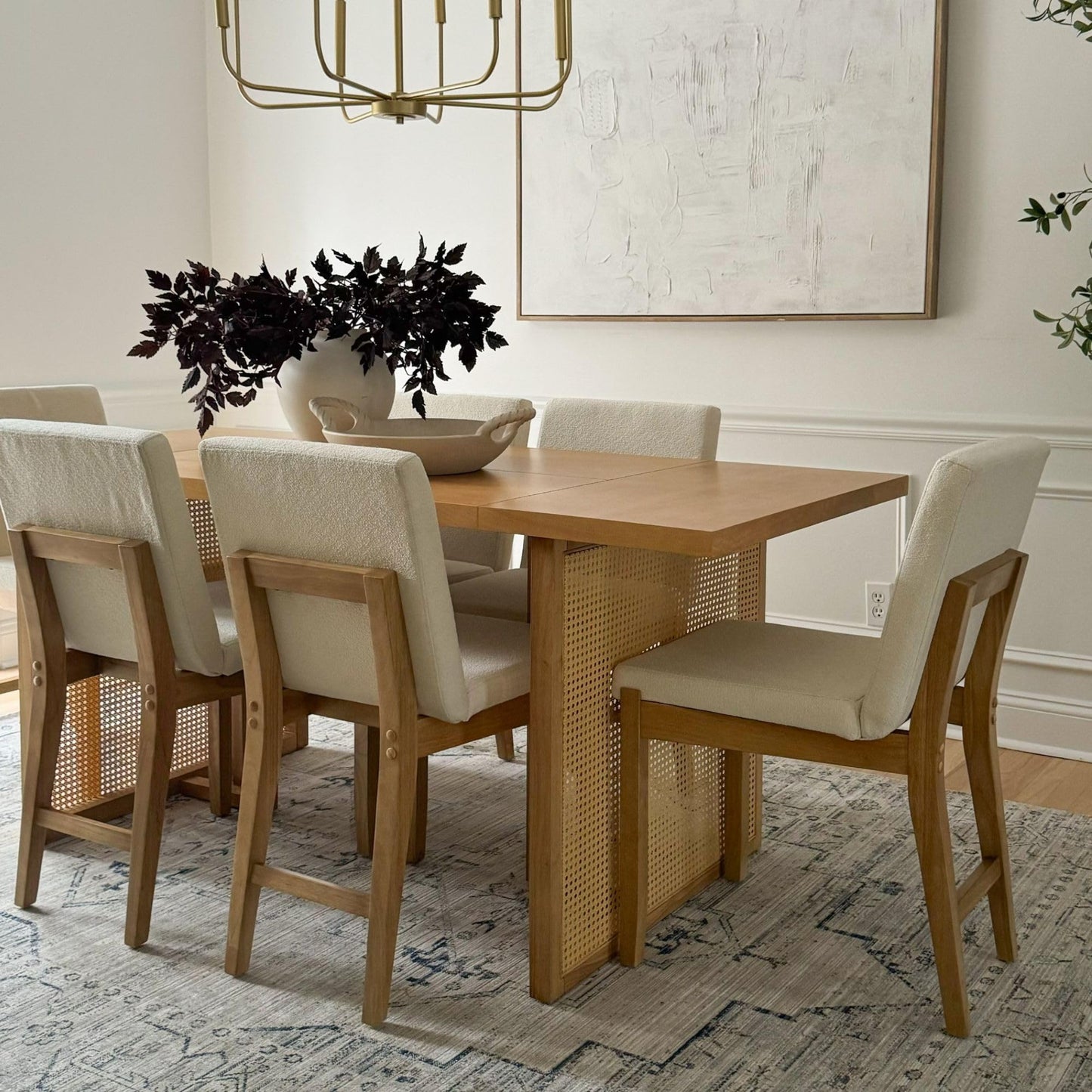 Nathan James Willow Boho Dining Table for 6 with Solid Wood Legs, 6-Person Natural Wood Dining Table, Warm Pine or Brown with Bohemian Rattan Accent