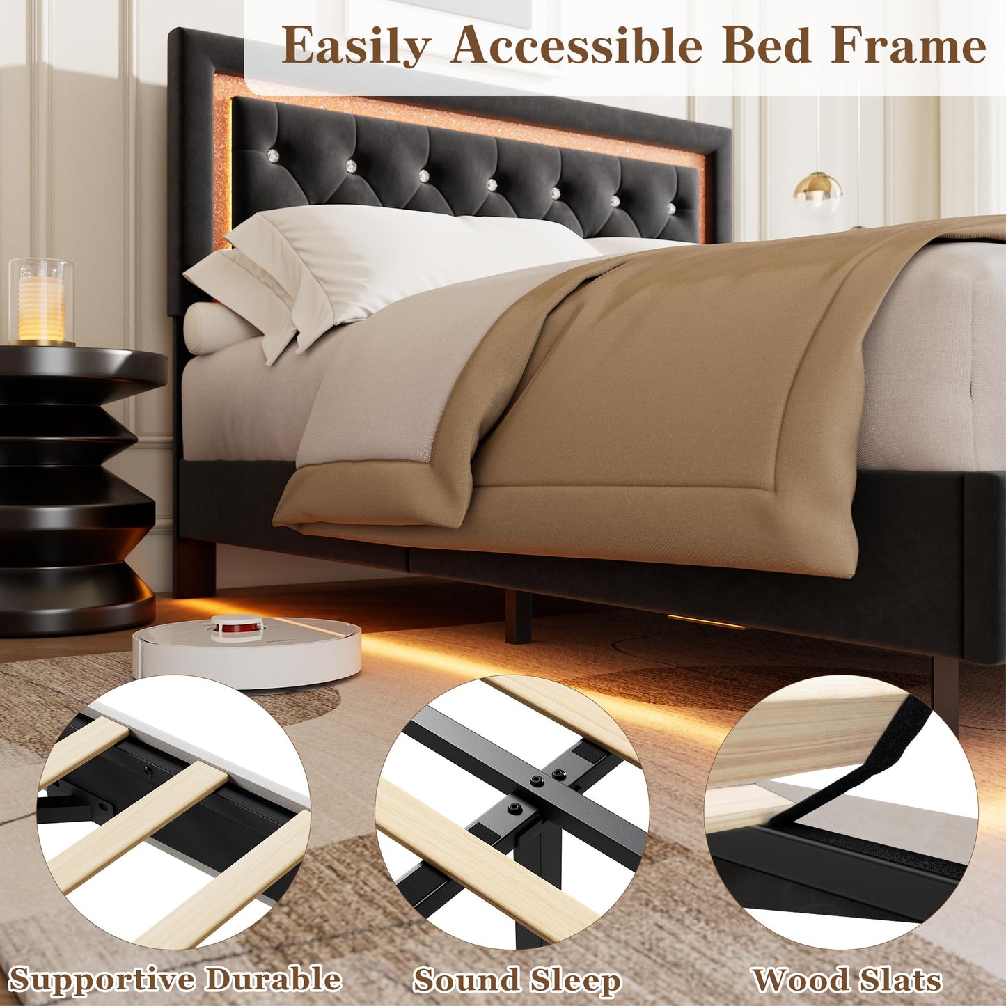 IDEALHOUSE Floating Queen Platform Bed Frame with Smart LED Lights – Modern Upholstered Diamond Headboard, Sturdy Wood Slats, Noise-Free, Easy Assembly, Sturdy Bedroom Furniture
