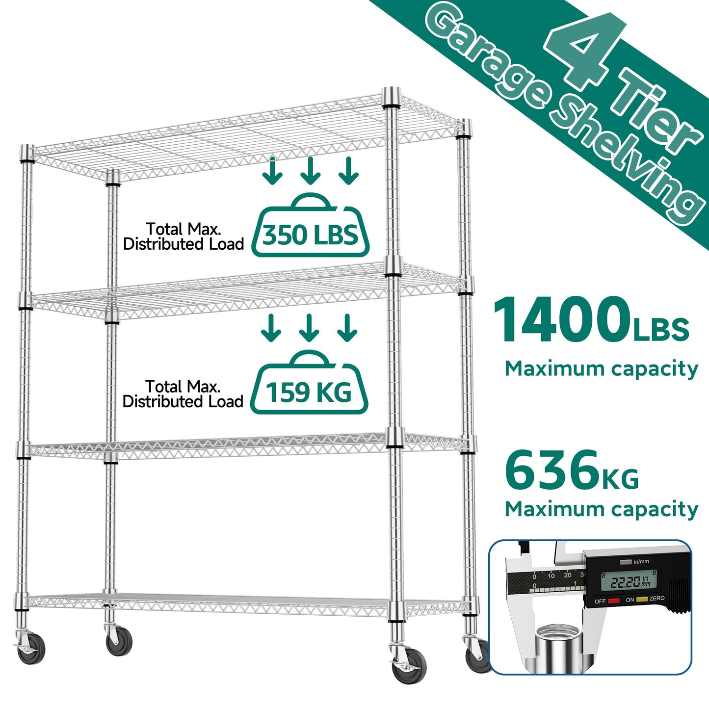 M MZG 1400LBS 47.2" W 4 Tiers Storage Shelves Metal Shelving Unit with Wheels Heavy Duty Garage Shelving Adjustable Wire Shelves for Pantry,Kitchen,Garage,Basement,Chrome 17.7" D x 47.2" W x 62.6" H