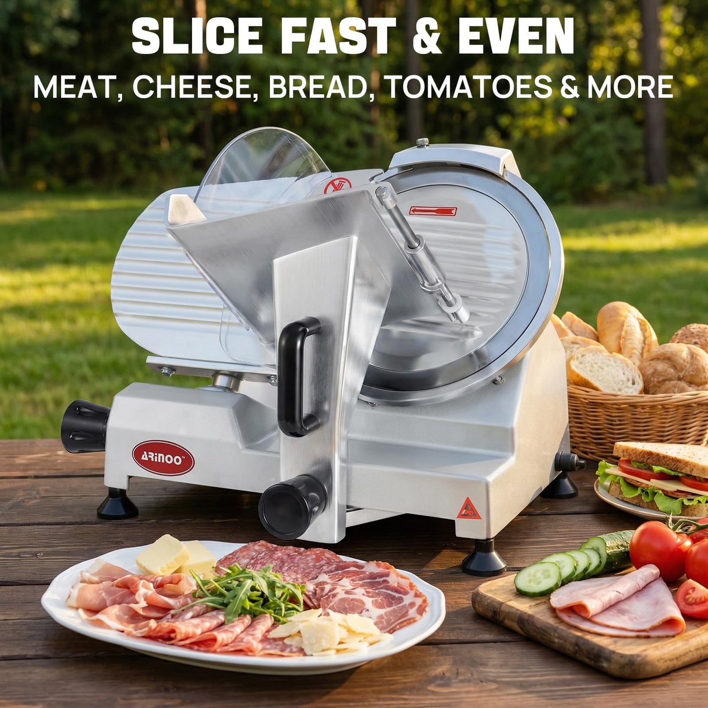 ARINOO 10''Commercial Meat Slicer, Electric Food Slicer with Carbon Steel Blade and Sharpening Stone, Deli Food Slicer for Frozen Meat, Cheese, and Bread, Easy to Clean for Home & Restaurant Use