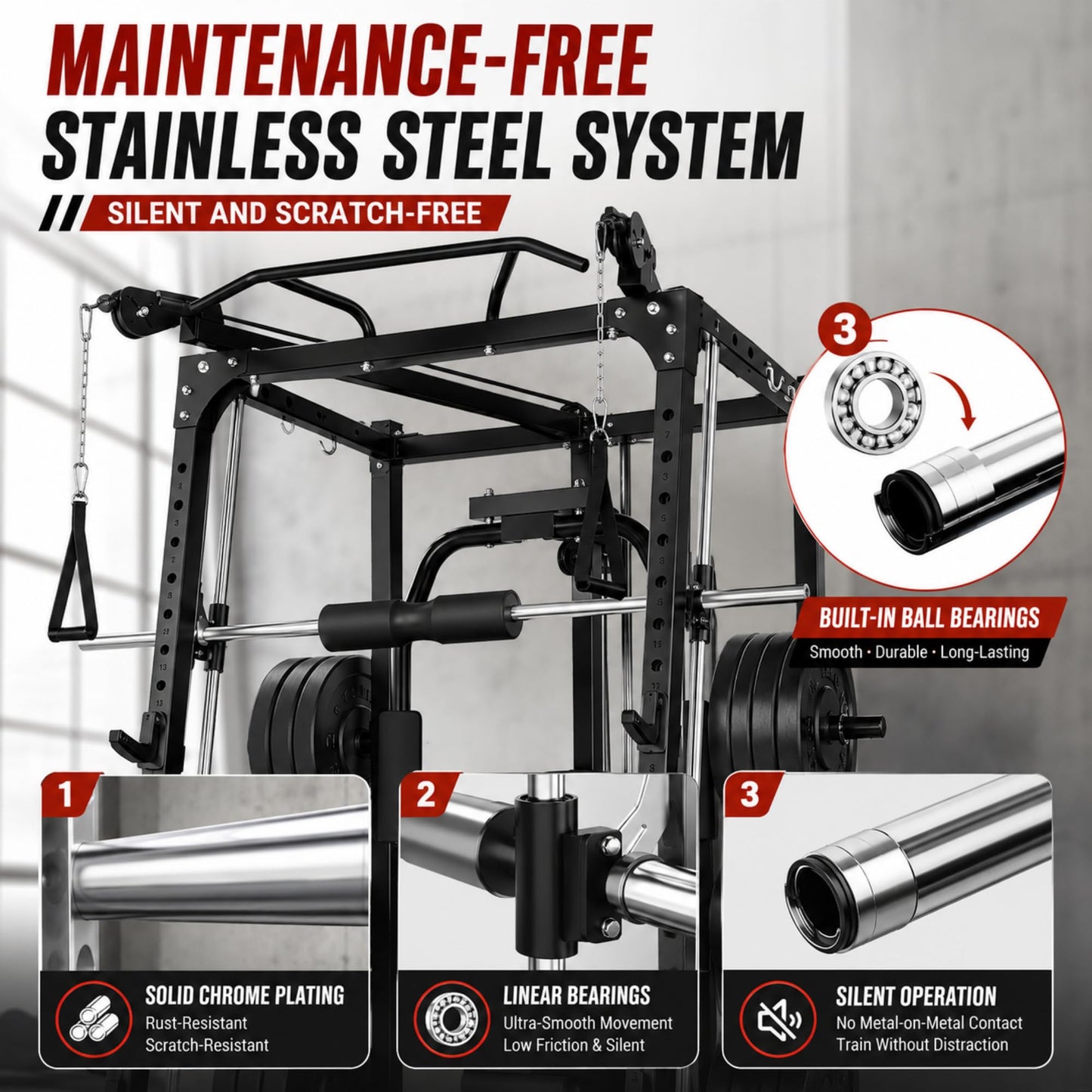 Smith Machine Squat Rack with Butterfly Chest Sation, Multi-Function Home Gym Power Cage with Cable Crossover, LAT Pulldown, 8 Weight Storage Pins & T-Bar for Full Body Strength Training