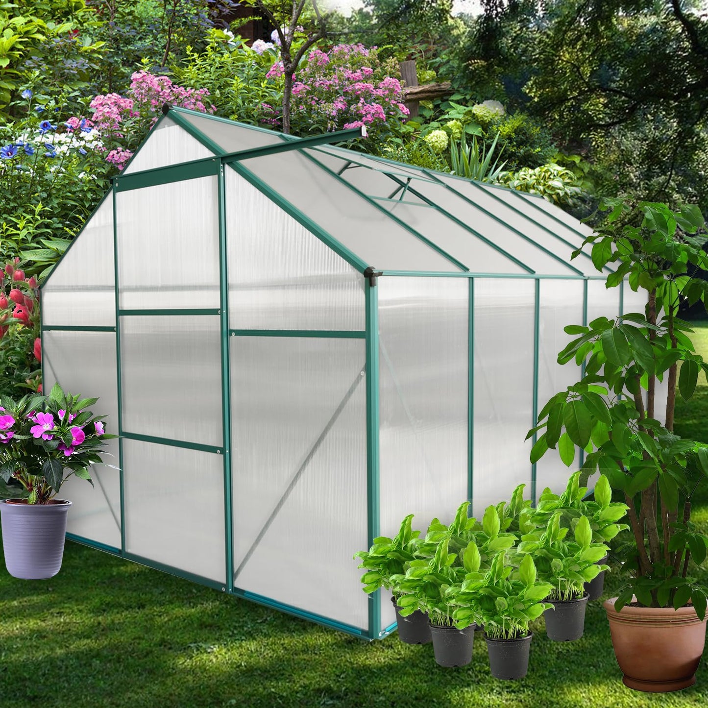 Acosure 6x12 FT Greenhouse Outdoor Polycarbonate Hot House,Garden Plants Houses with Raised Base,Sliding Door and Adjustable Vent Roof for Patio,Easy to Install,Green