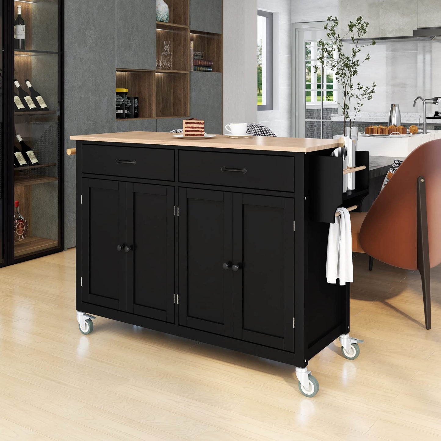 Merax Rolling Mobile Kitchen Island Cart with Wood Top and Locking Wheels, 4 Door Cabinets and 2 Drawers, Spice & Towel Rack, 54.3 Inch Width, Black