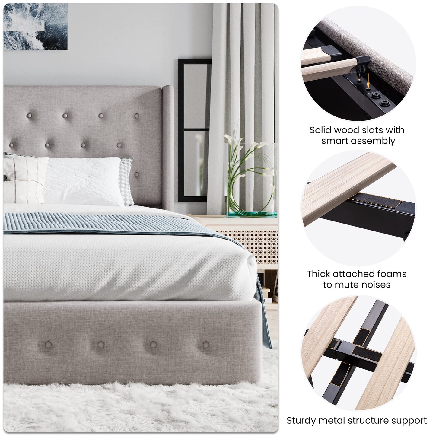 SHA CERLIN Queen Size Lift Up Storage Bed Frame,Button Tufted Wingback Headboard,Upholstered Platform,Hydraulic Storage,Wooden Slat Support,No Box Spring,Light Beige