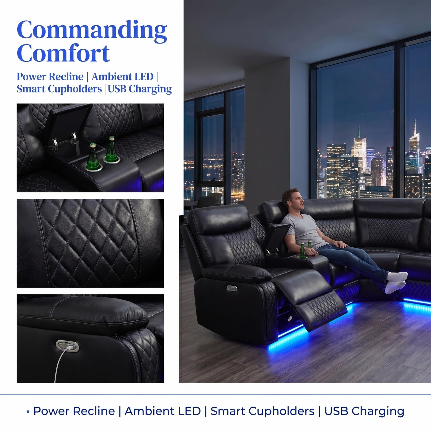 Trygoal Power Reclining Sectional Sofa Set, Modern L-Shaped Couch with Recliner, 4 Seat Power Reclining Sofa, Reclining Sectional Couches for Living Room, Home, Office, Leather, Dark Black
