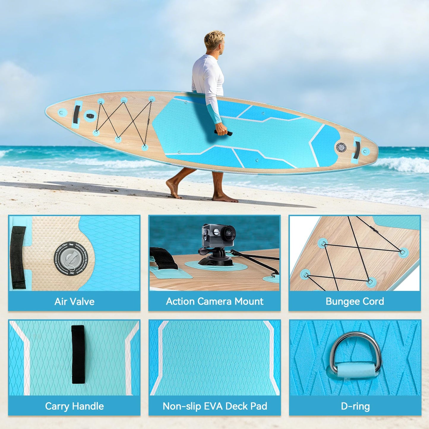 YUSING Inflatable Paddle Board, 11' x 33'' x 6" Extra Large SUP, Paddle Boards for Adults, Non-Slip Deck SUP Paddle Board SUP Accessories,3 Removable Fins (Green Wood)