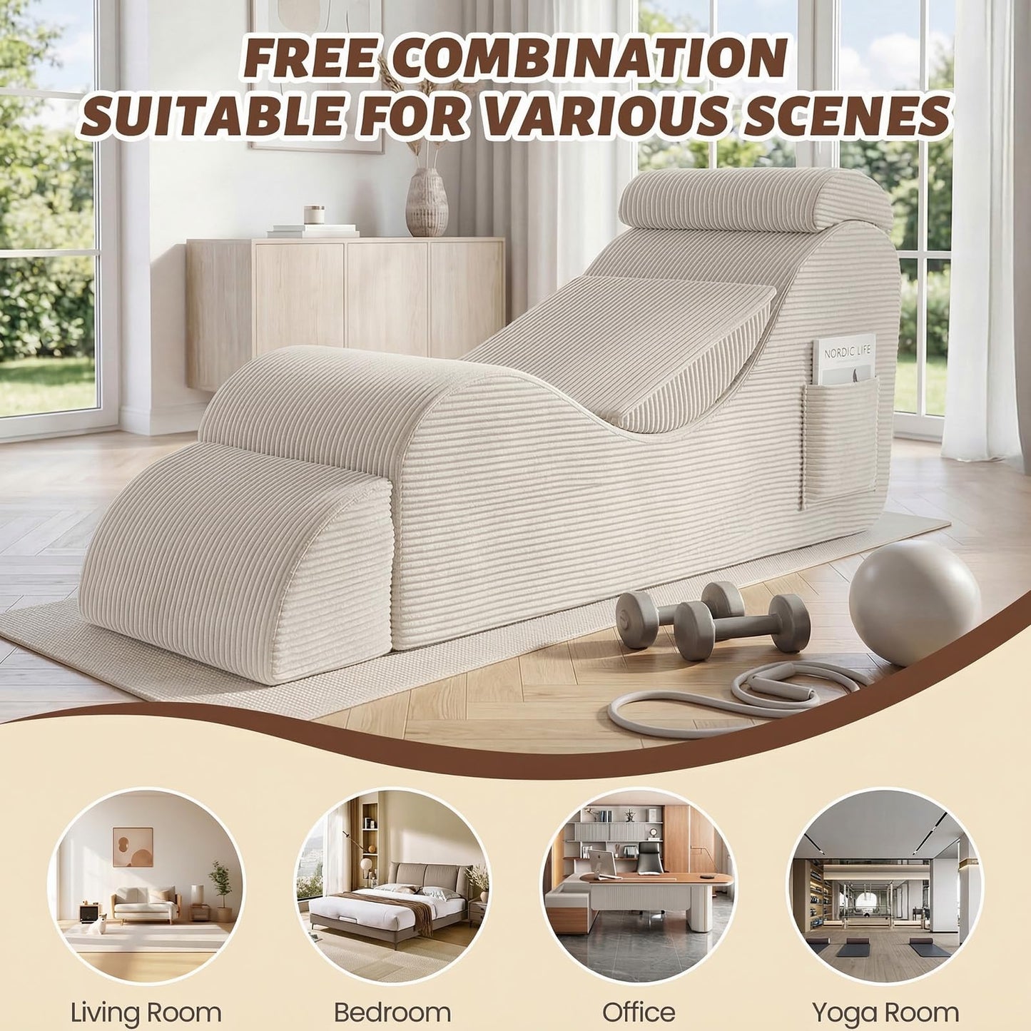 Yoga Chair Lounge for Adult, Ergonomic Foam Chaise Lounge Chair Indoor with Side Pocket, Headrest, Waist Pad, Ottoman, Perfect for Stretching, Massage, and Relaxation, No Assembly Required(Beige)