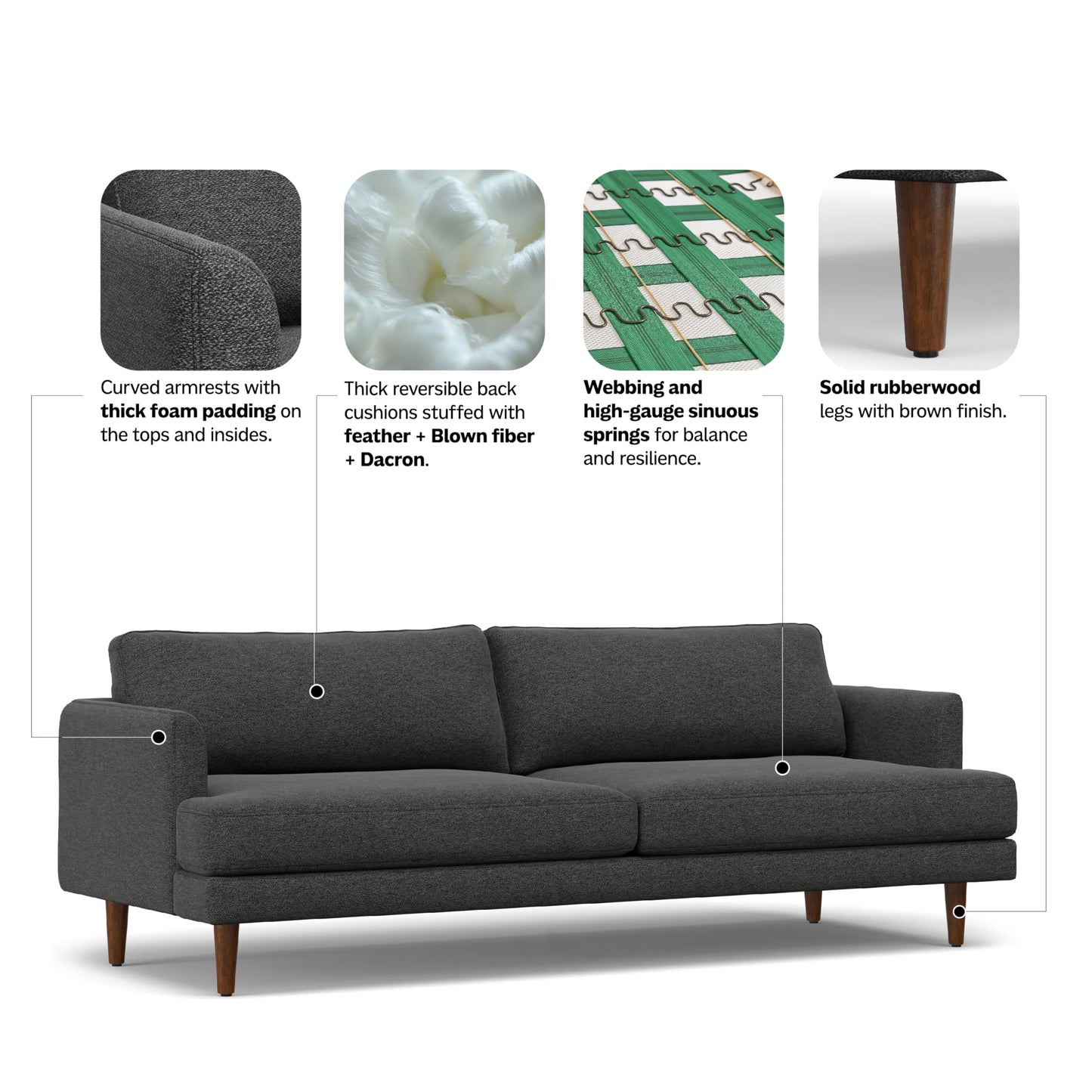 SIMPLIHOME Livingston 90-inch Wide Sofa in Charcoal Grey Woven-Blend Fabric, Handcrafted Mid-Century Modern Oversized 3-Seater Couch Sofa for Living Room or Family Room, Solid Wood Frame