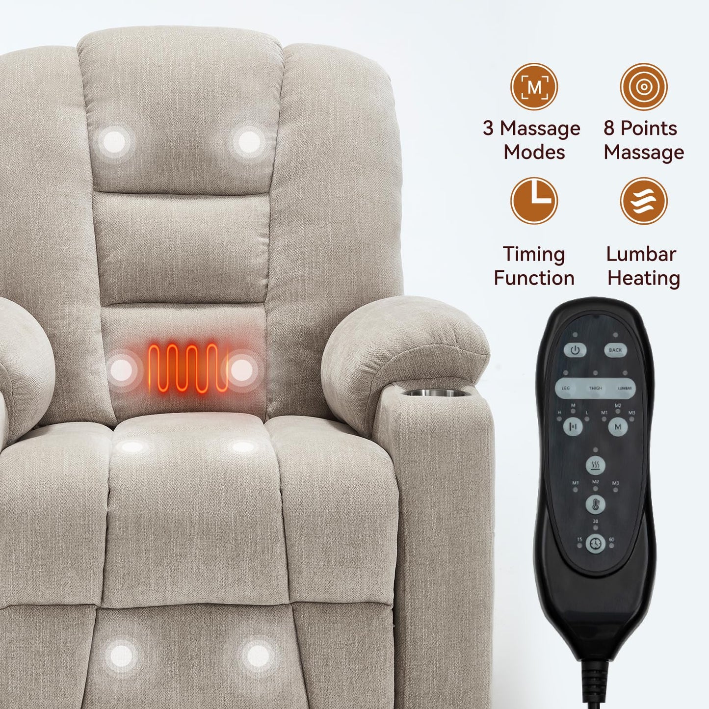 KEIKI Oversized Power Lift Recliner Chair with Heat & Massage, Reding Rocking Chair for Adults, High Seat Comfy Chenille Recliner with Side Pockets, USB Port, Cup Holders & Lumbar Support, Beige