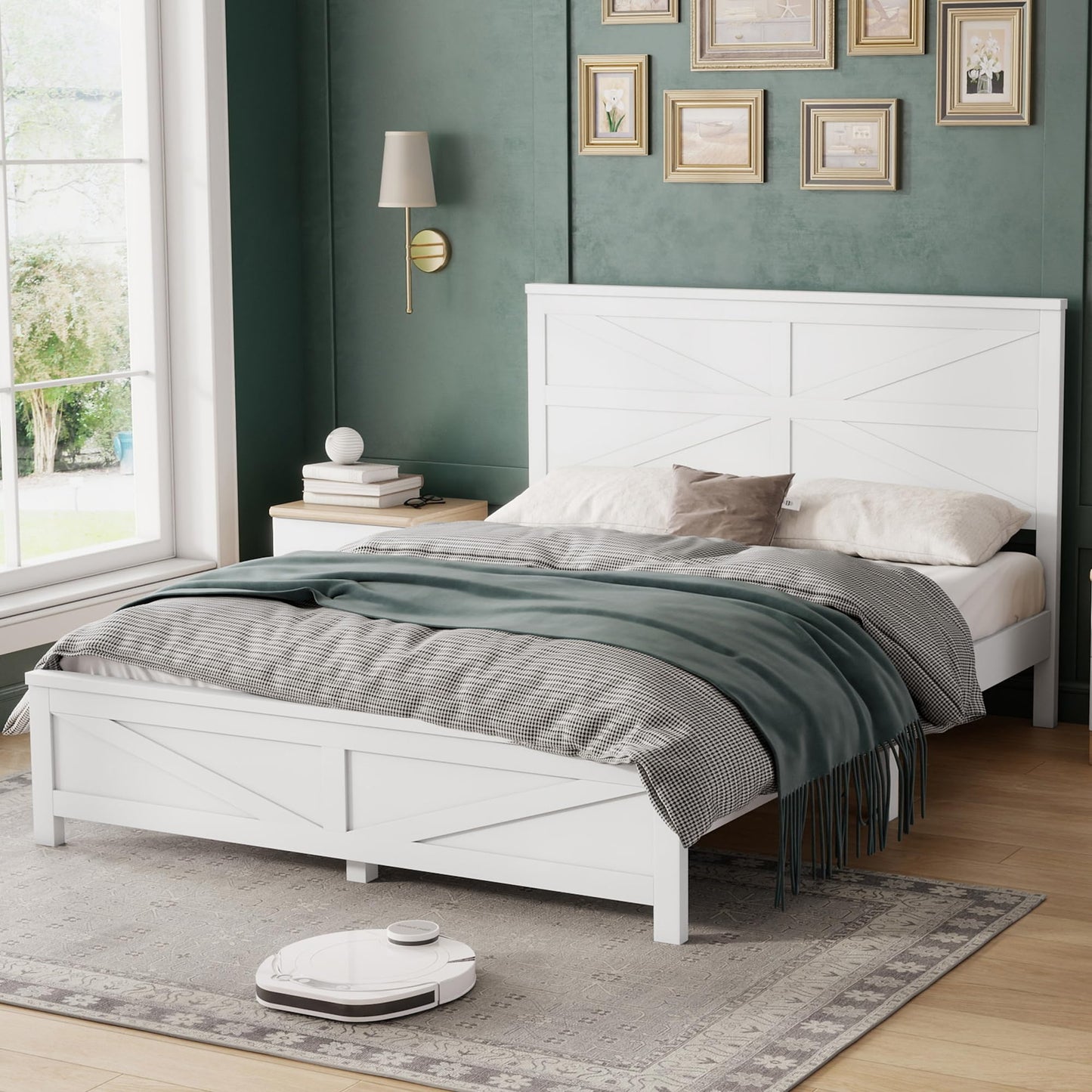 KEIKI Farmhouse Queen Size Platform Bed Frame with Headboard and Footboard, Pinewood Bed Platform with Slat Support, No Box Spring Needed Bedframe, Under-Bed Storage, Barn Door Designed