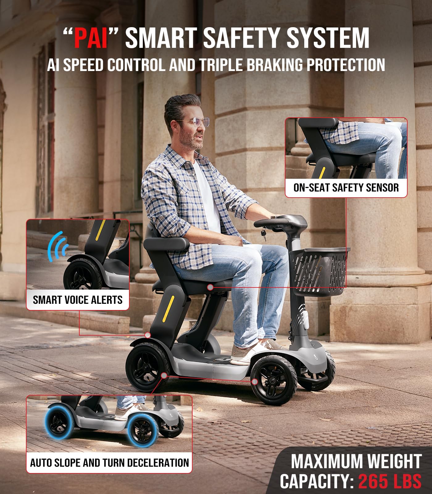 Glashow S3 Folding Mobility Scooter for Seniors & Adults – 4-Wheel All-Terrain Electric Scooter, 25 Mile Range, 6 MPH, 265 lb Capacity, Reverse, LED Lights & Basket – Gray