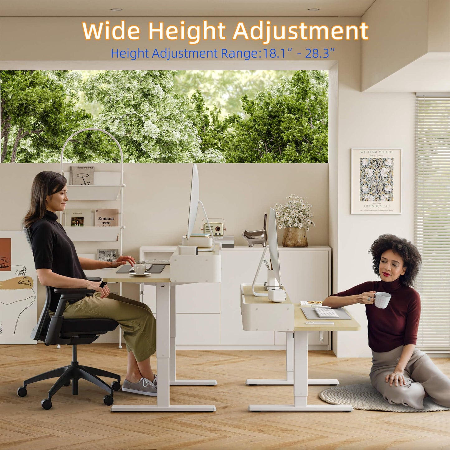 YIHAYO Low Height Adjustable Desk with Drawers, Lifts 18.1-28.3 Inches, Electric Standing Desk with Storage Shelf for Short People, 48 x 24 Inches Table with Splice Board for Home Office, Natural