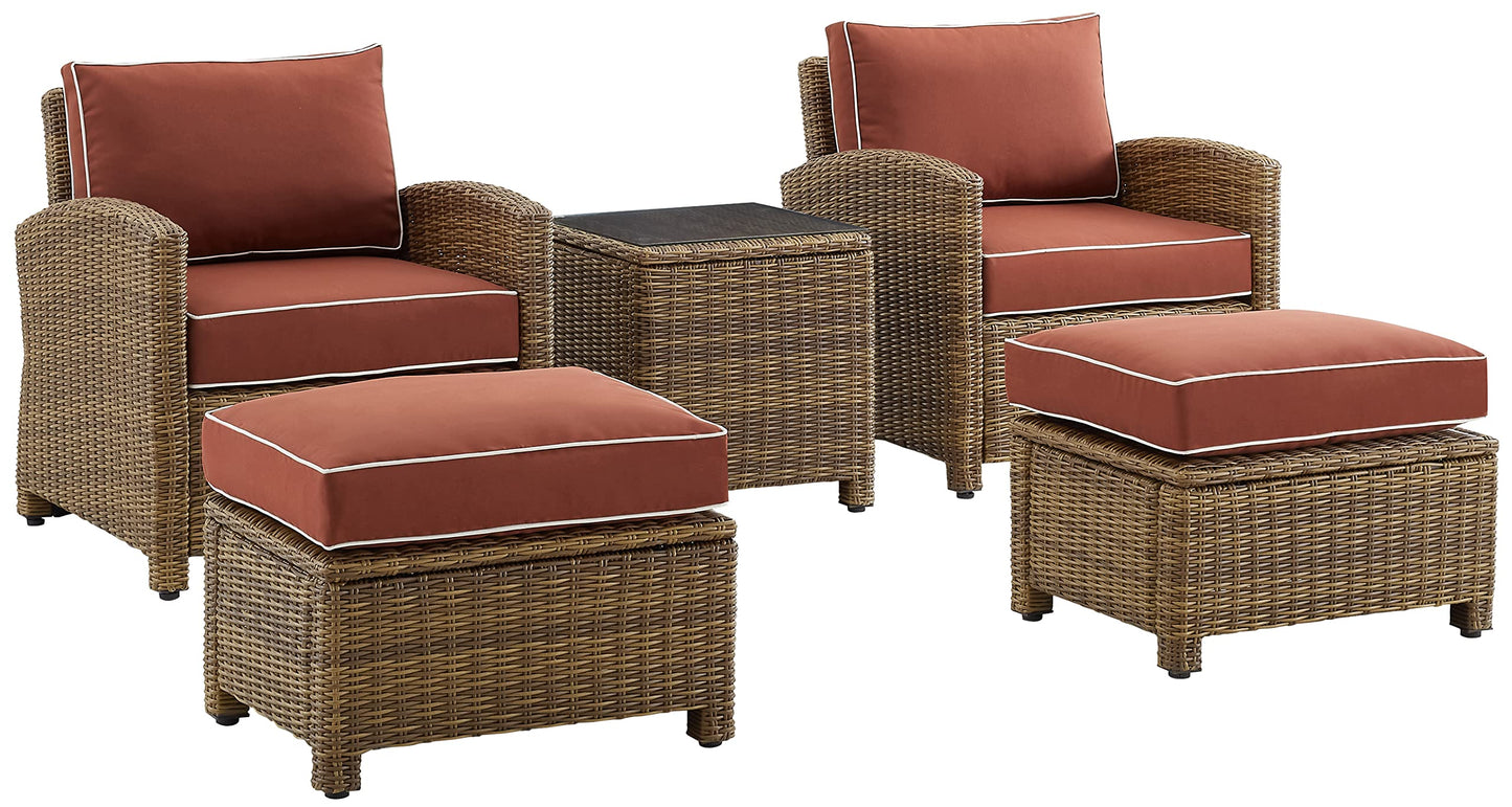 Crosley Furniture Bradenton 5-Piece Outdoor Chair Patio Furniture Set, Wicker Conversation Sets for Porch, Weathered Brown with Sangria Cushions