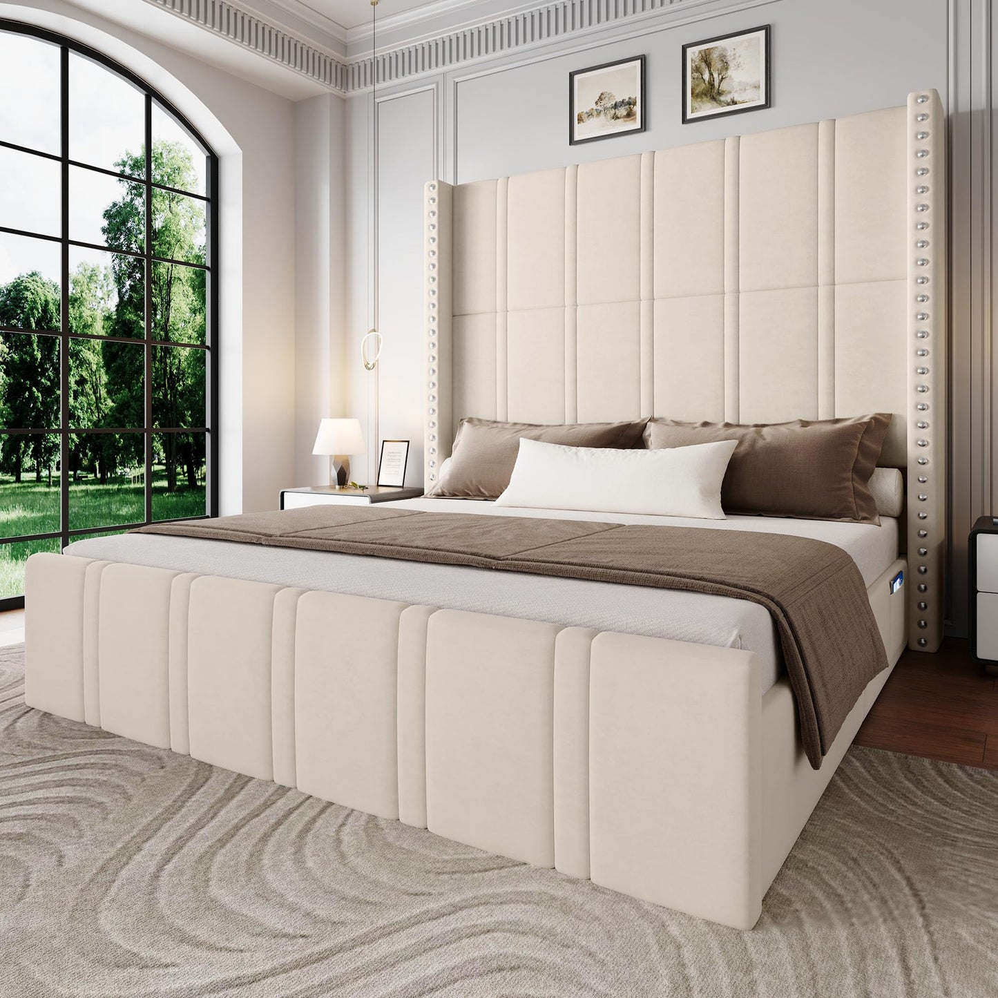 Uteeran Queen Bed Frame with 65.75" Tall Headboard, Luxury Velvet Upholstered Platform Bed with Storage Pockets, Wide Wingback Design, Noise-Free, Easy Assembly, No Box Spring Needed, Beige
