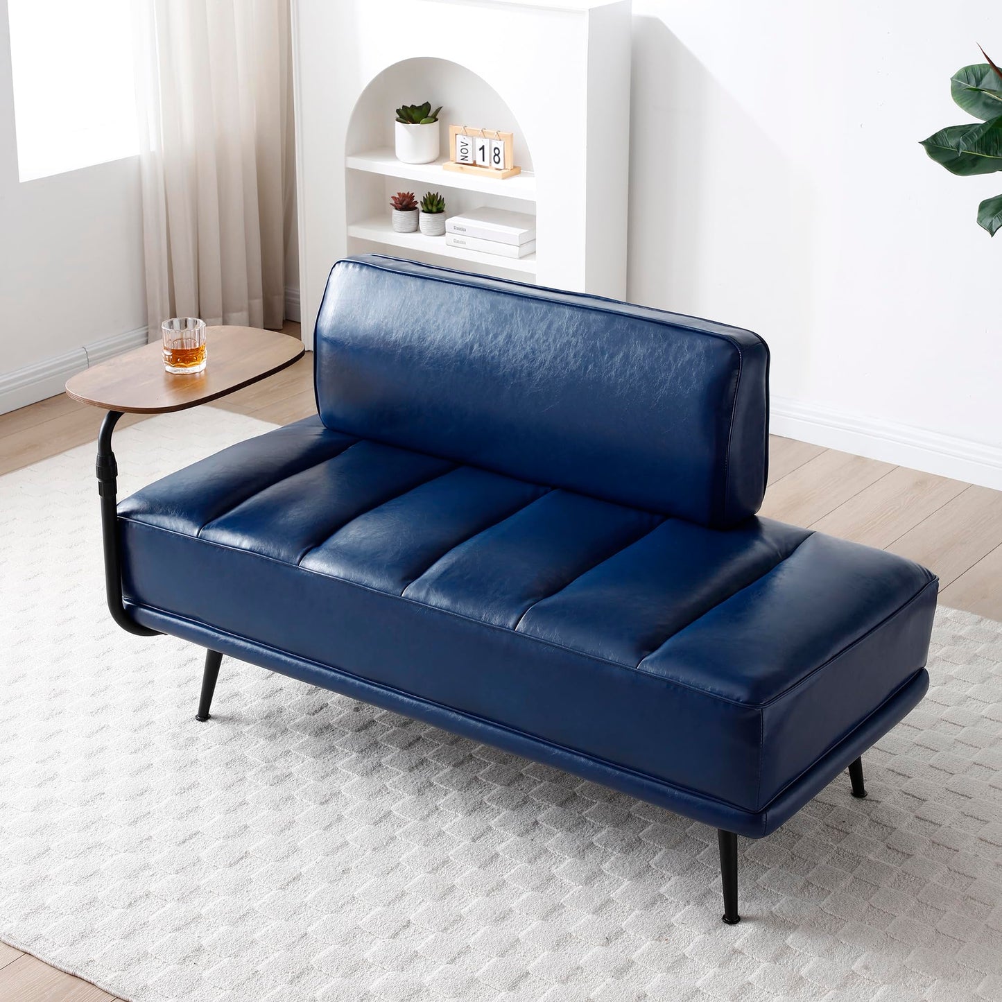 KEIKI Upholstered End of Bed Bench with Side Table & 360° Rotatable Phone Stand, Faux Leather Chaise Lounge Couch for Bedroom or Entryway Seating, Blue