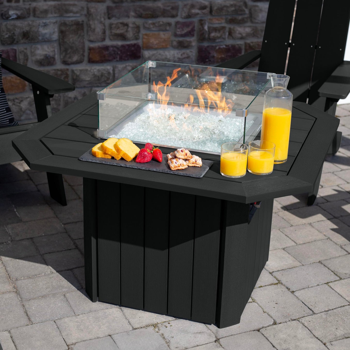 Oasis 5-Piece Conversation Set with Fire Pit Table, 4 Italica Modern Adirondack Chairs and 40” Fire Pit Table with Glass Wind Guard and Rain Cover, Black